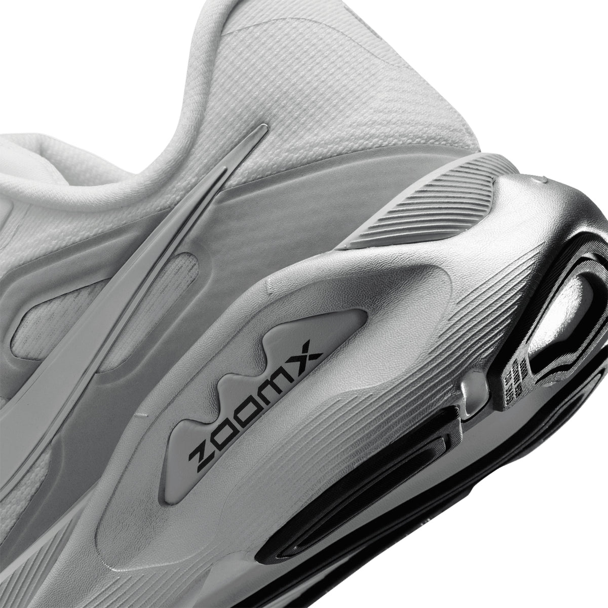Women's Nike Structure Plus ESS Running Shoes Summit White Photon Dust Metallic Silver angled side and heel view showing double-stacked ZoomX and ReactX cushioning with midfoot support system for stable plush daily road running
