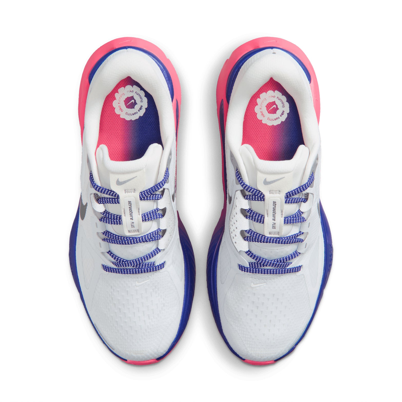 Nike Structure Plus SE women's running shoe in White / Concord / Hyper Pink / Anthracite — top-down view showing white engineered mesh upper, secure midfoot band construction and lace closure with concord and hyper pink detailing