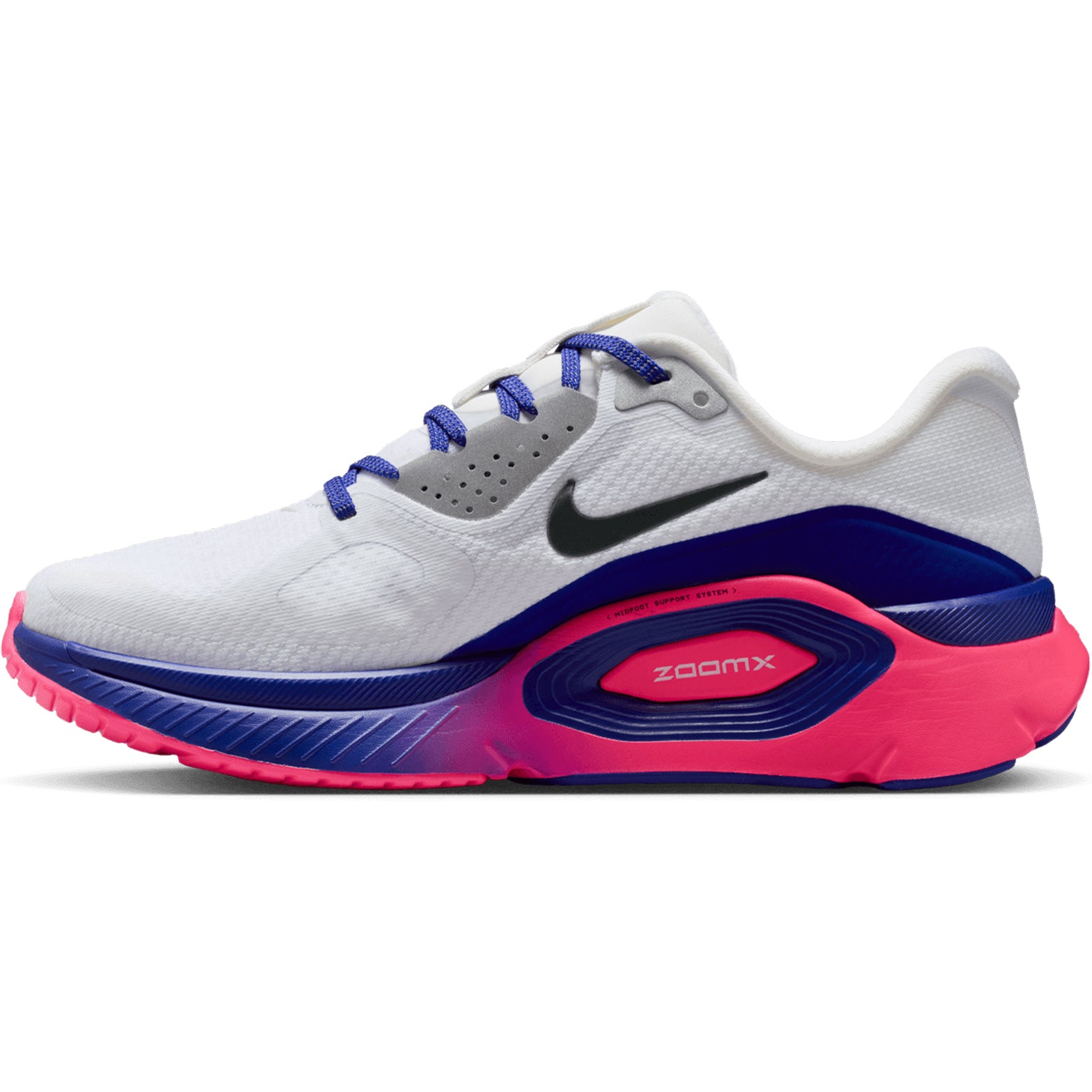 Nike Structure Plus SE women's running shoe in White / Concord / Hyper Pink / Anthracite — inner view showing white engineered mesh upper, hyper pink midsole detailing, midfoot support system and dual-rubber outsole construction