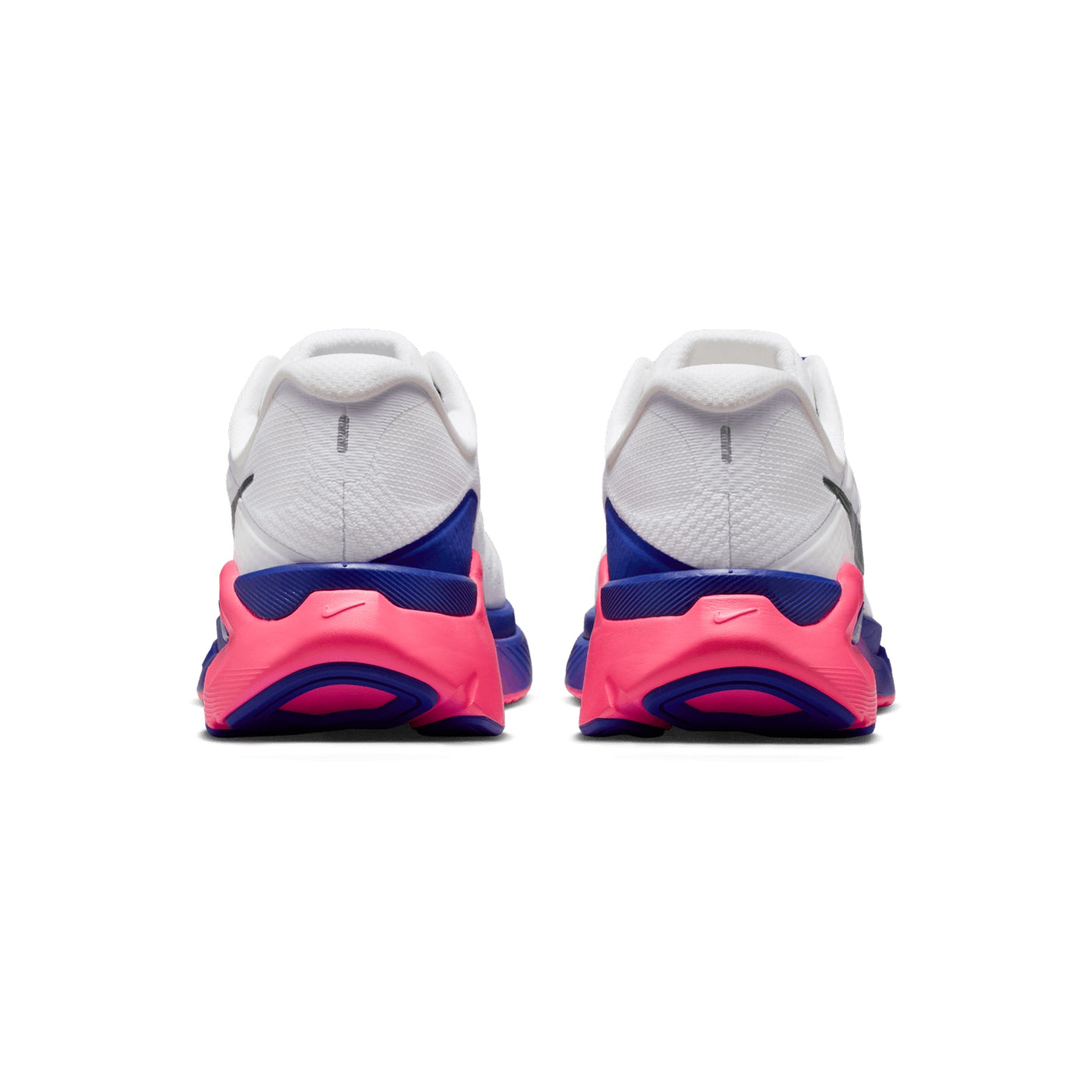 Nike Structure Plus SE women's running shoe in White / Concord / Hyper Pink / Anthracite — heel view showing midfoot support system construction, padded collar, reflective detailing and double-stacked ZoomX ReactX midsole contrast