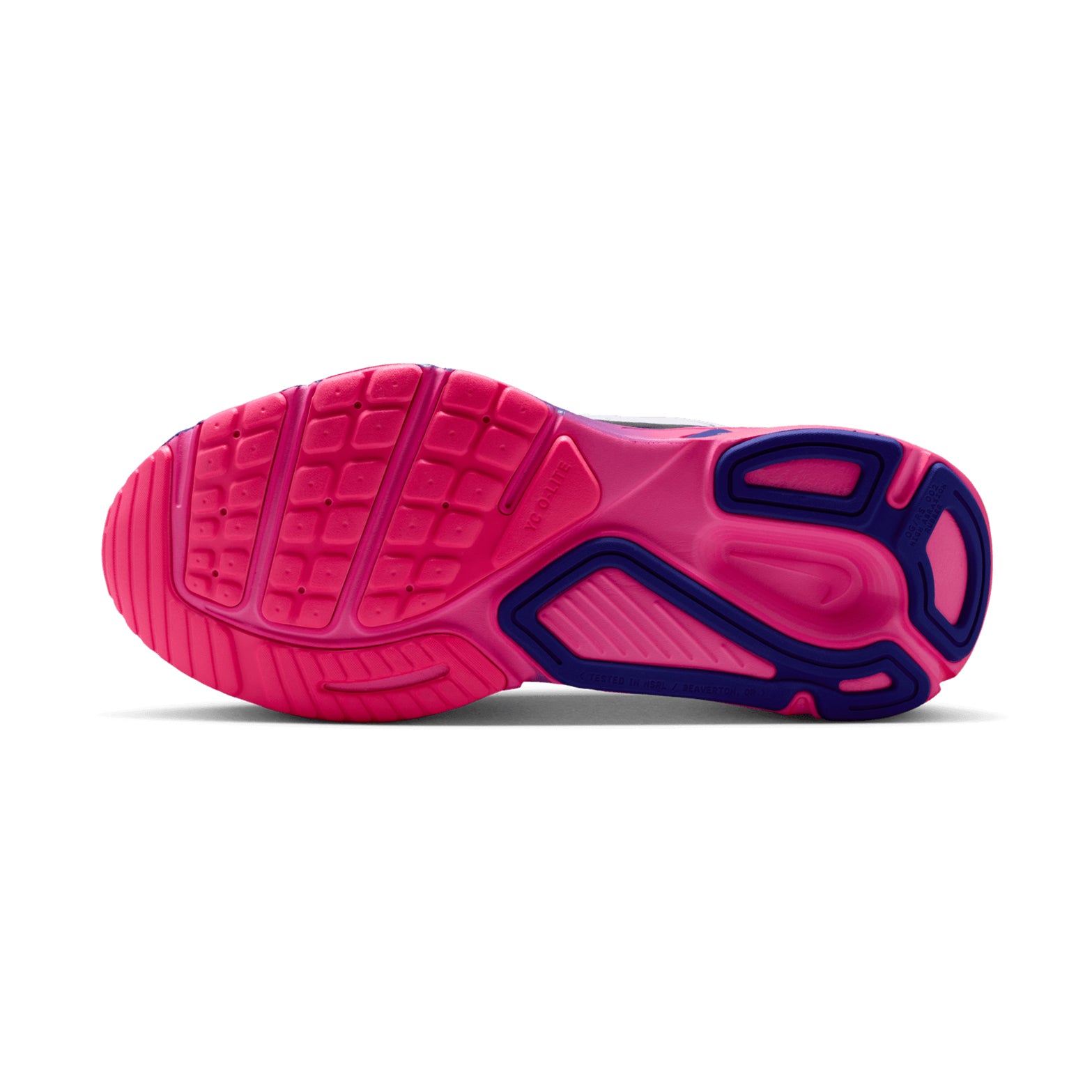 Nike Structure Plus SE women's running shoe in White / Concord / Hyper Pink / Anthracite — outsole view showing dual-rubber tread pattern with soft forefoot and high-abrasion heel rubber and white double-stacked ZoomX ReactX midsole stack