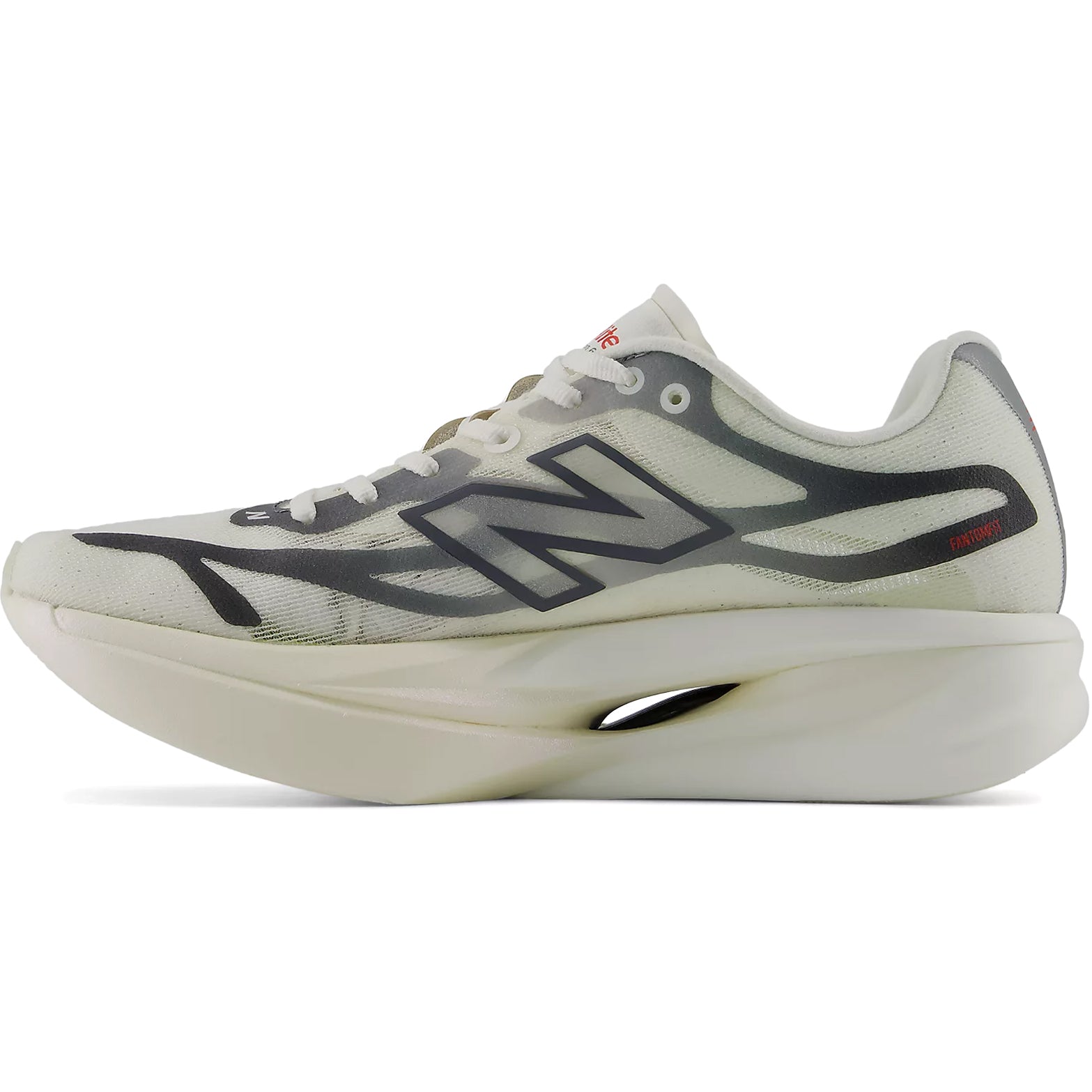 Women's New Balance SuperComp Elite v6 Running Shoes Grey Matter Neo Flame inner side view showing Infinion foam with carbon fibre plate thicker and stiffer at forefoot for propulsive race day energy return