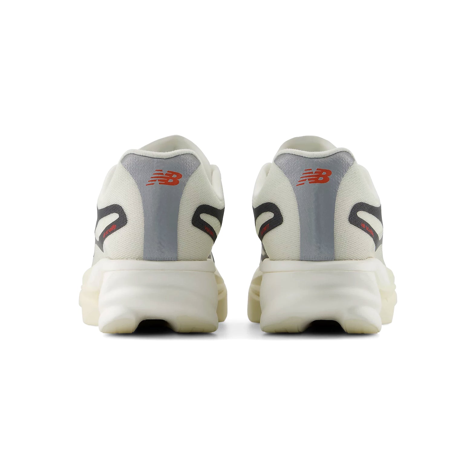 Women's New Balance SuperComp Elite v6 Running Shoes Grey Matter Neo Flame heel view showing Infinion foam with sculpted geometric midsole and carbon fibre plate for enhanced cushioning and race day energy return