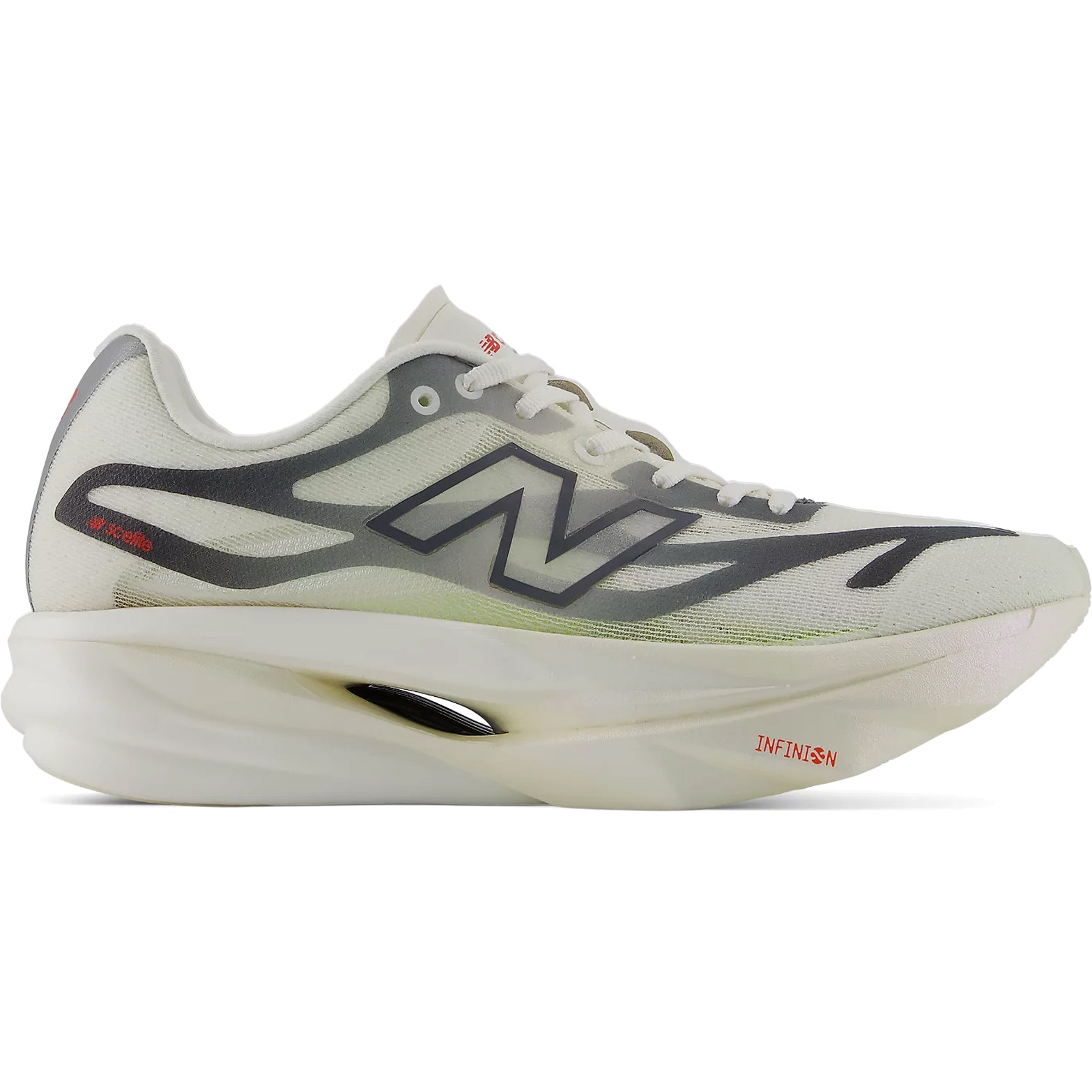 Women's New Balance SuperComp Elite v6 Running Shoes Grey Matter Neo Flame outer side view showing Infinion foam midsole with fine-tuned carbon fibre plate and sculpted geometric design for race day performance