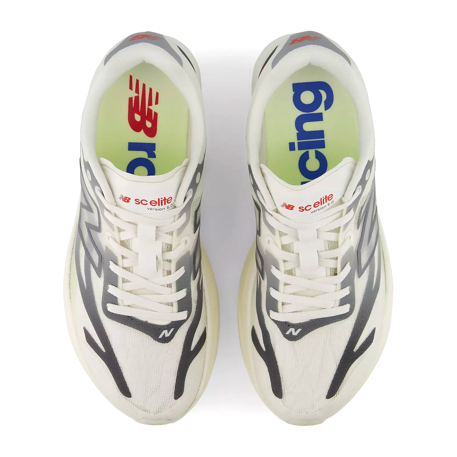 Women's New Balance SuperComp Elite v6 Running Shoes Grey Matter Neo Flame top view showing FANTOMFIT translucent mesh upper with printed overlays and reflective N logo for lightweight glove-like race day fit