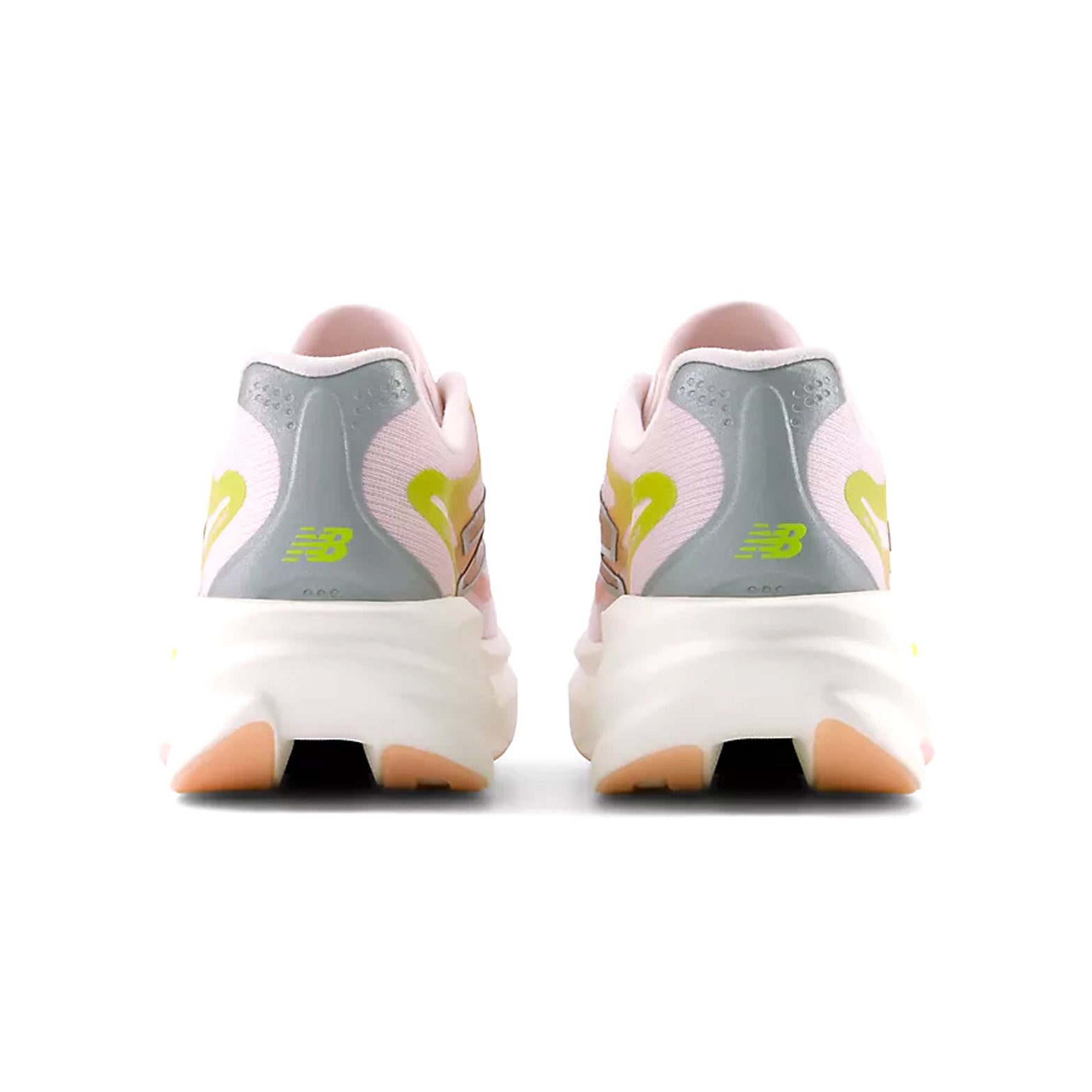 Women's New Balance SuperComp Rebel Running Shoes Pink Chalk Pink Lemonade heel view showing Infinion foam with specialised midsole geometry and rocker profile for snappy propulsive transitions during training and racing