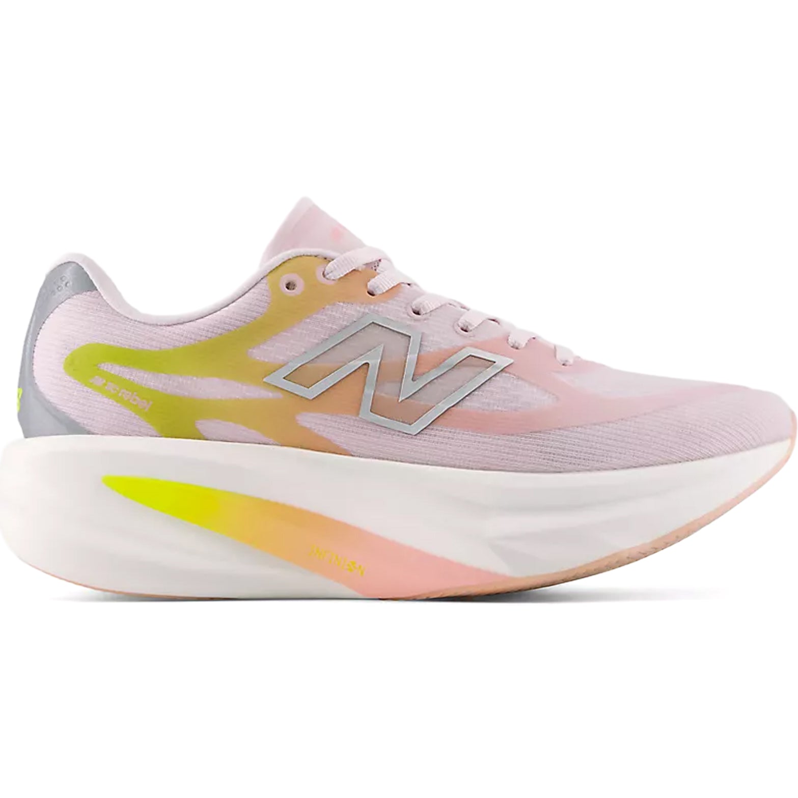 Women's New Balance SuperComp Rebel Running Shoes Pink Chalk Pink Lemonade outer side view showing Infinion foam midsole with precision propulsion plate and rocker profile for energetic daily training and race day performance