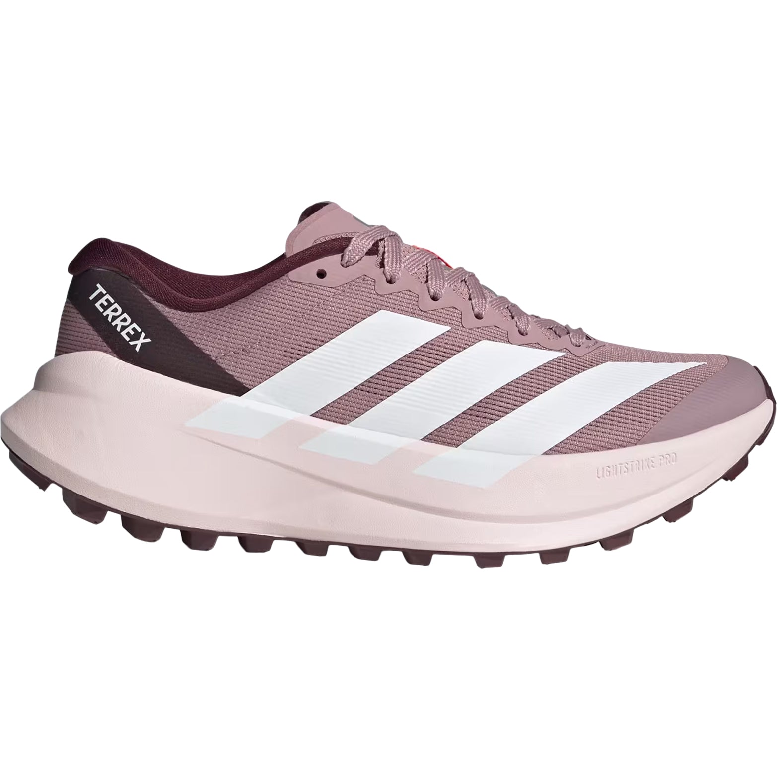 Women's adidas Terrex Agravic SL Trail Running Shoes Magic Mauve Cloud White Maroon outer side view showing LIGHTSTRIKE PRO midsole with dynamic rocker design and Continental rubber outsole for responsive trail running