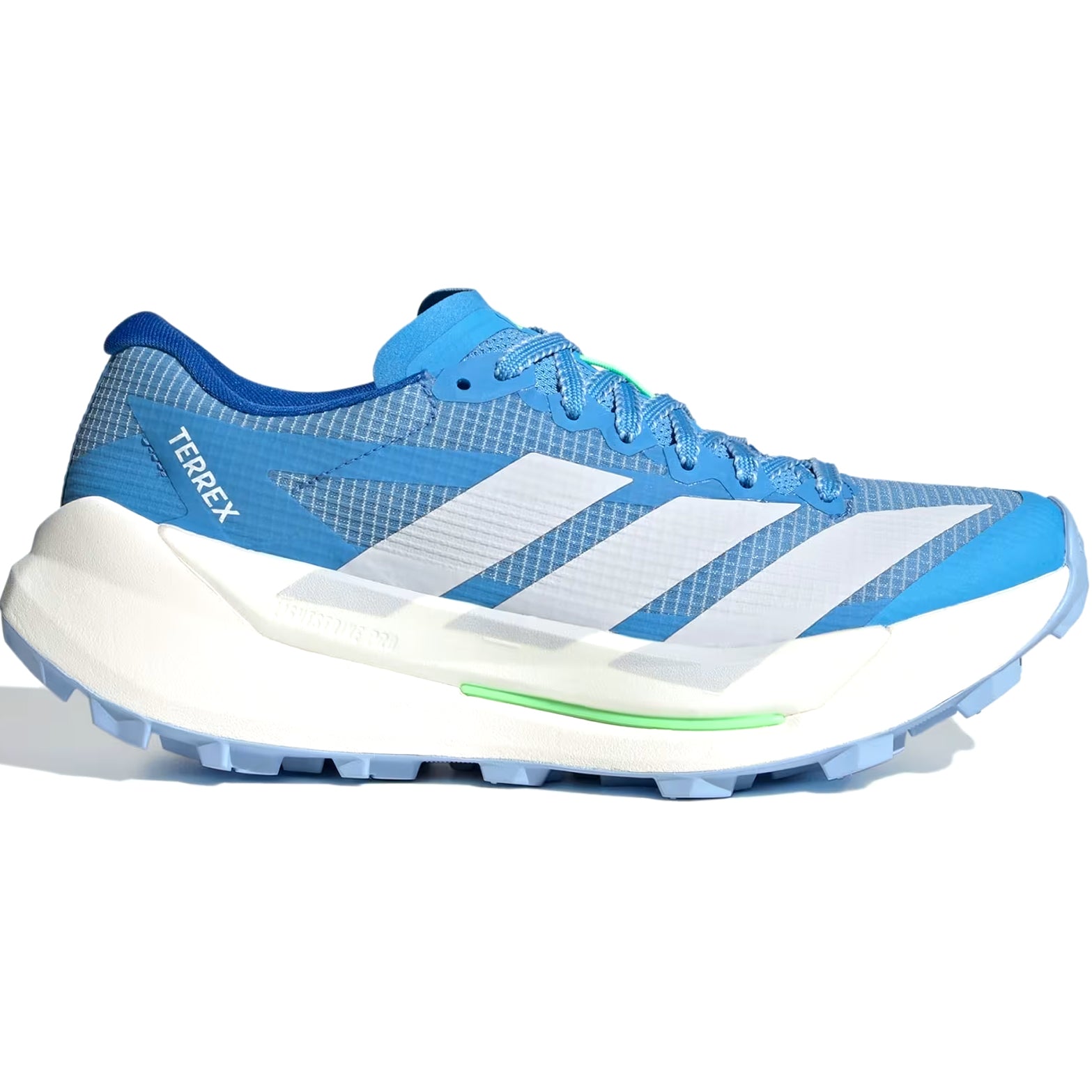 Women's adidas Terrex Agravic TT Trail Running Shoes Blue Burst Dash Grey Lime Burst outer side view showing LIGHTSTRIKE PRO cushioning with reinforced durable mesh for technical trail running
