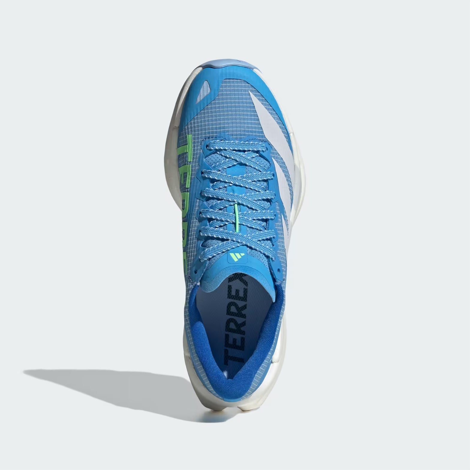 Women's adidas Terrex Agravic TT Trail Running Shoes Blue Burst Dash Grey Lime Burst top view showing ultra-tough reinforced mesh upper with lace closure for secure fit on challenging trails
