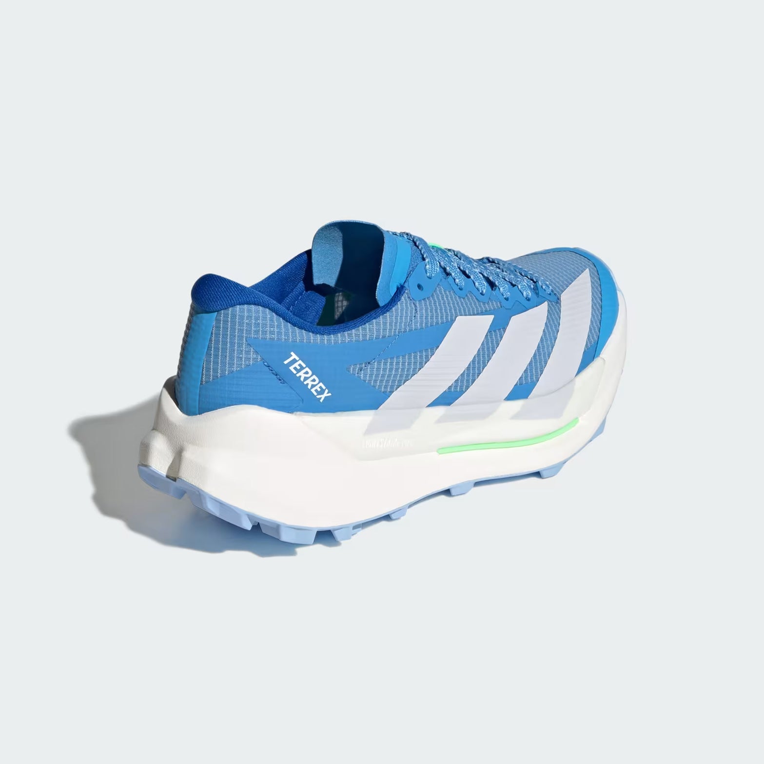 Women's adidas Terrex Agravic TT Trail Running Shoes Blue Burst Dash Grey Lime Burst heel view showing LIGHTSTRIKE PRO super-light cushioning with reinforced upper for trail racing performance