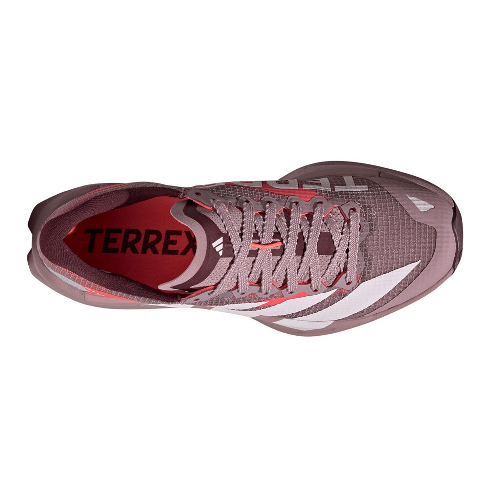 Women's adidas Terrex Agravic TT Trail Running Shoes Magic Mauve Cloud White Maroon top view showing ultra-tough reinforced mesh upper with lace closure for secure fit on challenging trails