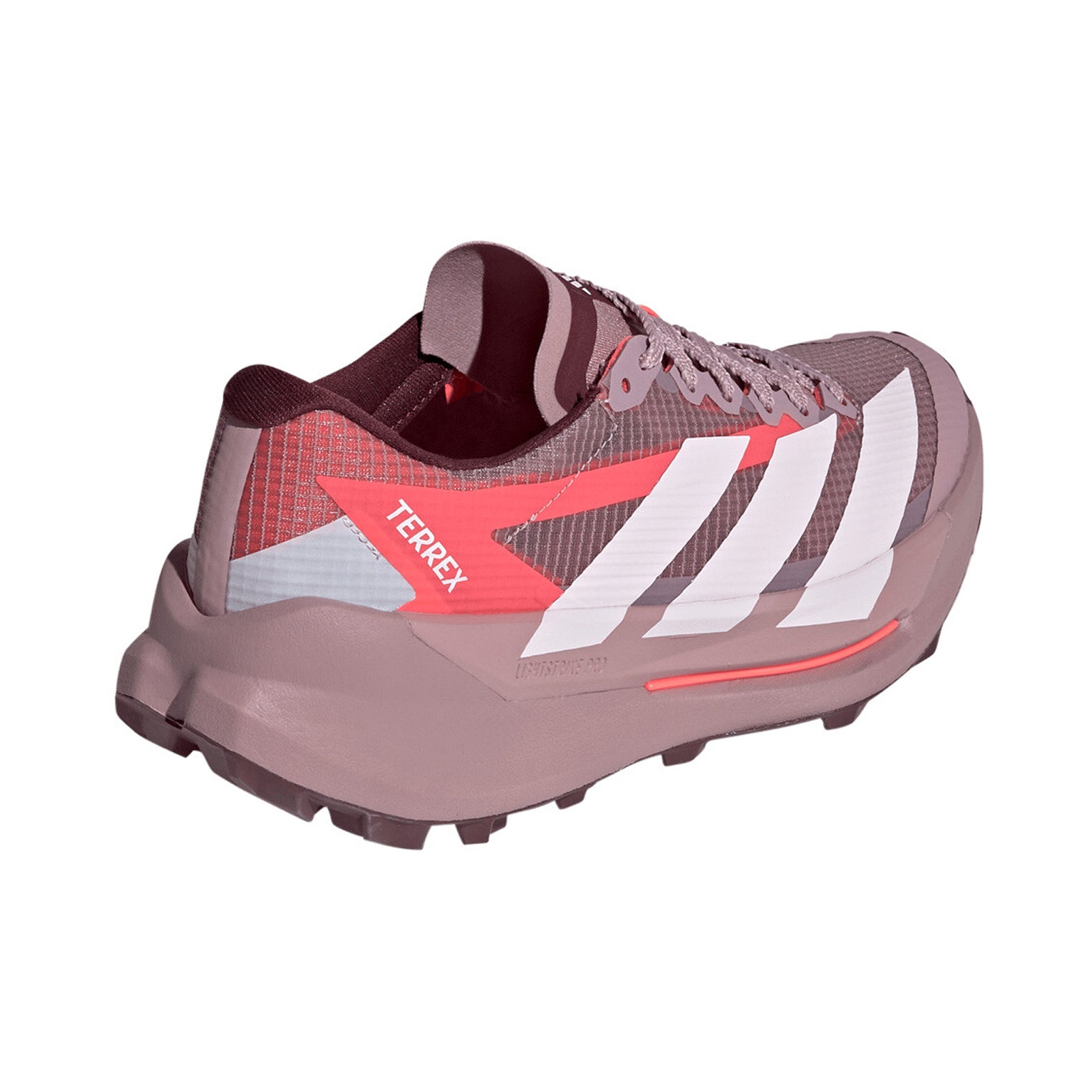 Women's adidas Terrex Agravic TT Trail Running Shoes Magic Mauve Cloud White Maroon heel view showing LIGHTSTRIKE PRO super-light cushioning with reinforced upper for trail racing performance