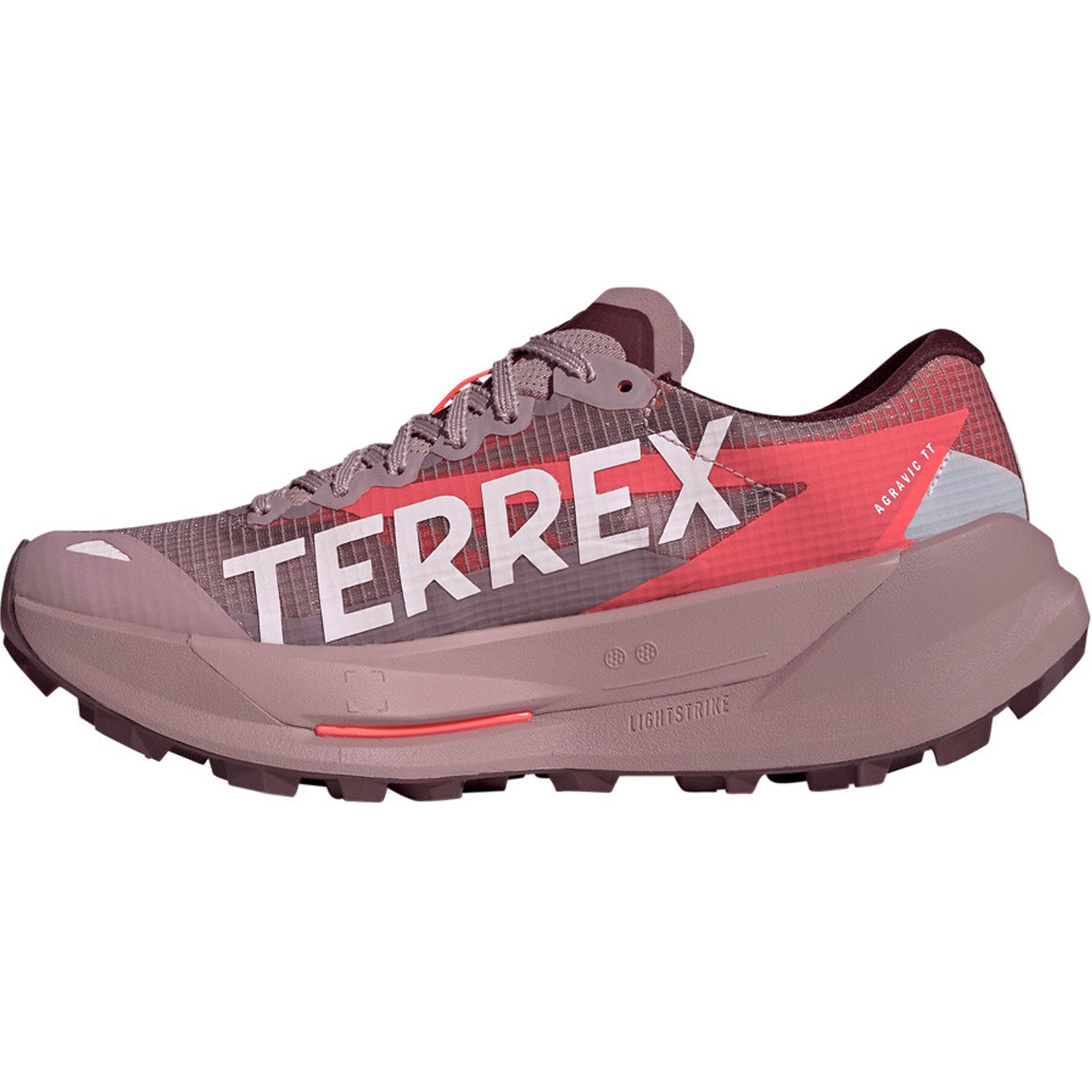 Women's adidas Terrex Agravic TT Trail Running Shoes Magic Mauve Cloud White Maroon inner side view showing responsive LIGHTSTRIKE PRO midsole with trail-gripping outsole for rocky terrain