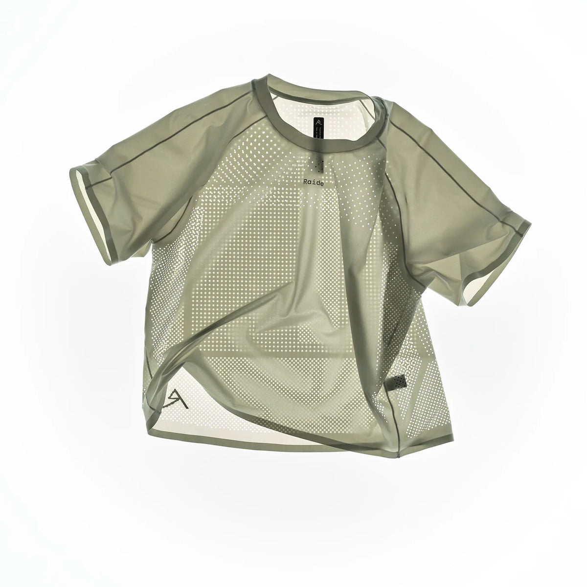 Women's Raide Thermal Dispersion Tee Lichen flat lay showing body-mapped laser-cut perforation pattern across Italian-knit microfibre construction with concentrated centre back ventilation zones and reflective Raide branding detail