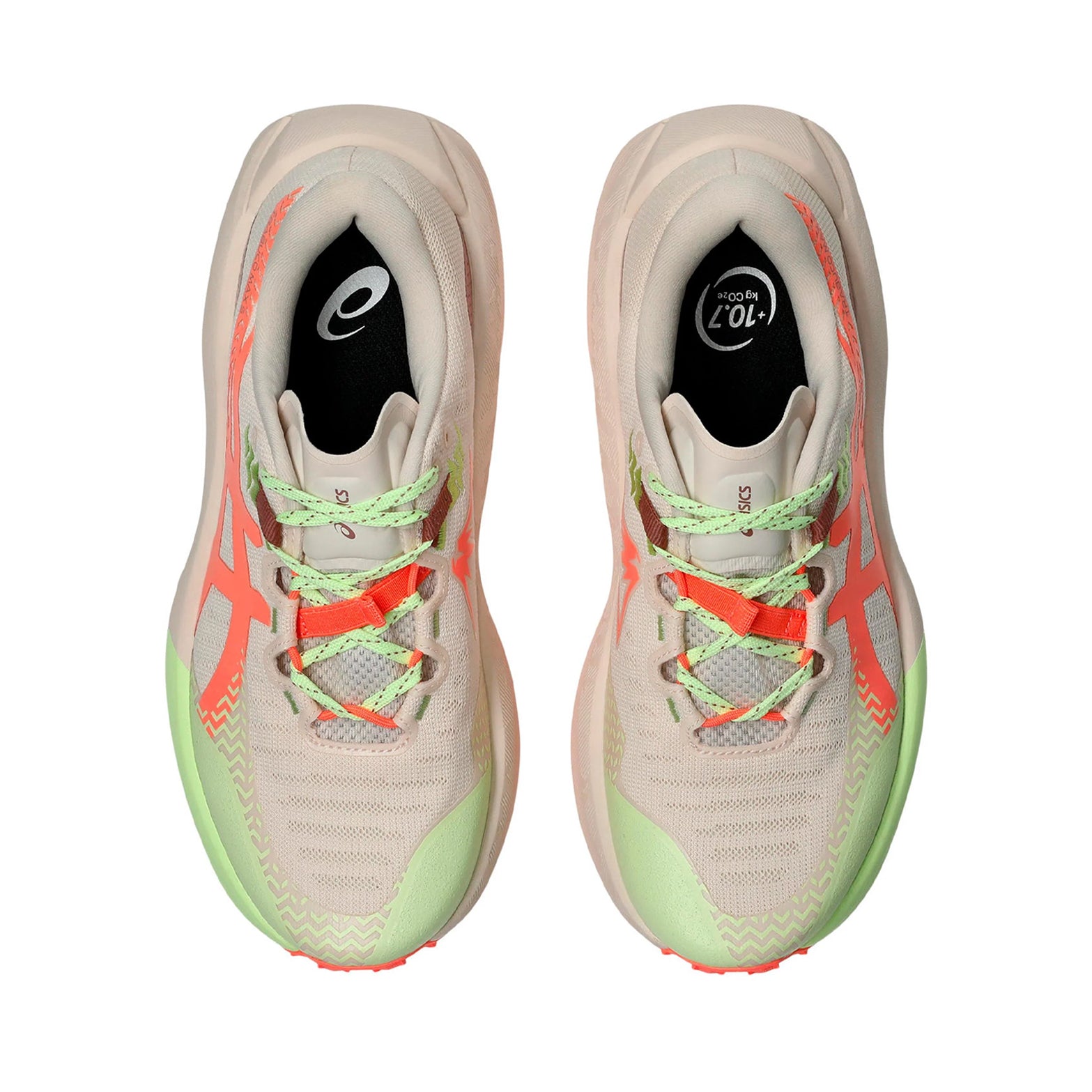 Women's ASICS Trabuco Max 5 Trail Running Shoes Rose Dust Sun Coral top view showing water-repellent engineered mesh upper with trail-ready construction for all-conditions off-road running