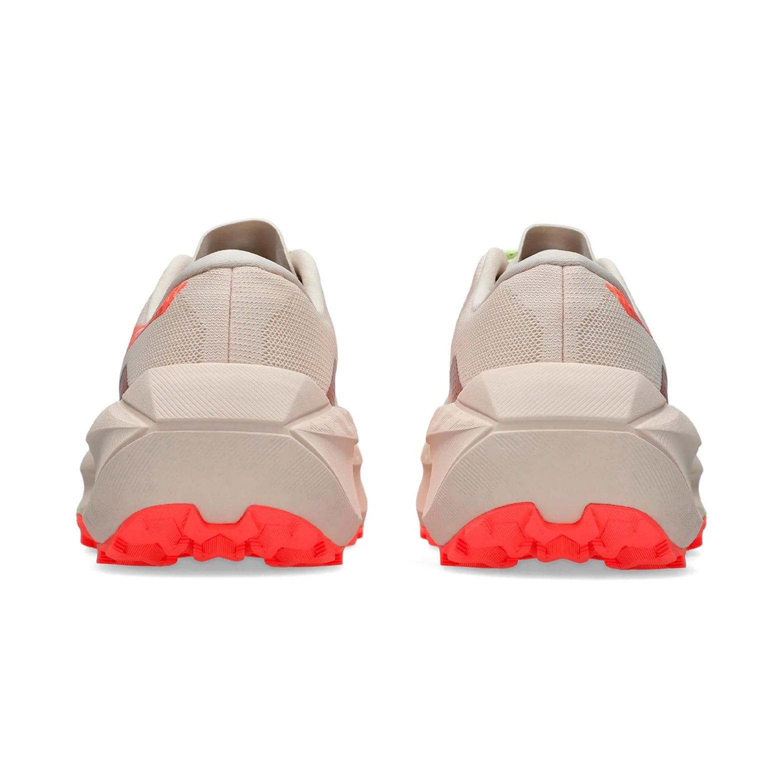 Women's ASICS Trabuco Max 5 Trail Running Shoes Rose Dust Sun Coral heel view showing FF BLAST PLUS cushioning stack with GUIDESOLE curved design for efficient impact absorption on technical terrain