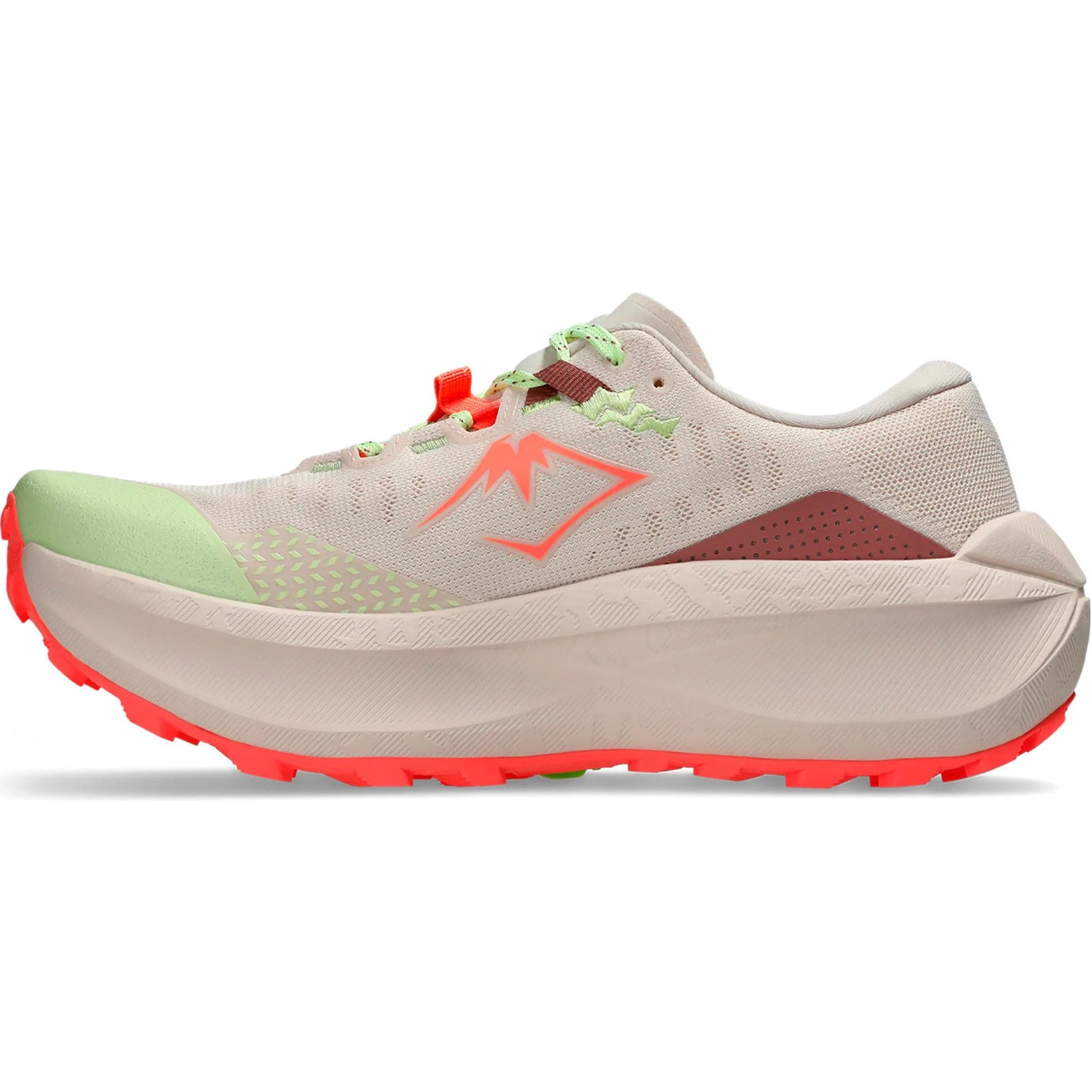 Women's ASICS Trabuco Max 5 Trail Running Shoes Rose Dust Sun Coral inner side view showing FF BLAST PLUS plush responsive midsole with GUIDESOLE curved geometry for efficient trail running