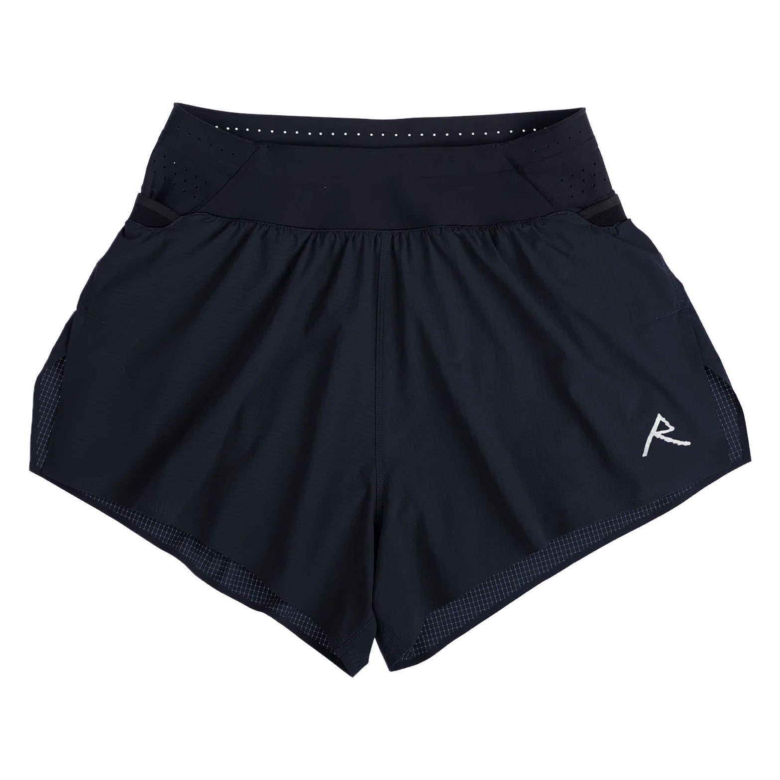 Raide TrailTech Short women's in Black — front product shot showing 3 inch silhouette, laser-perforated waistband, large pocket placement and Toray DotAir outer construction