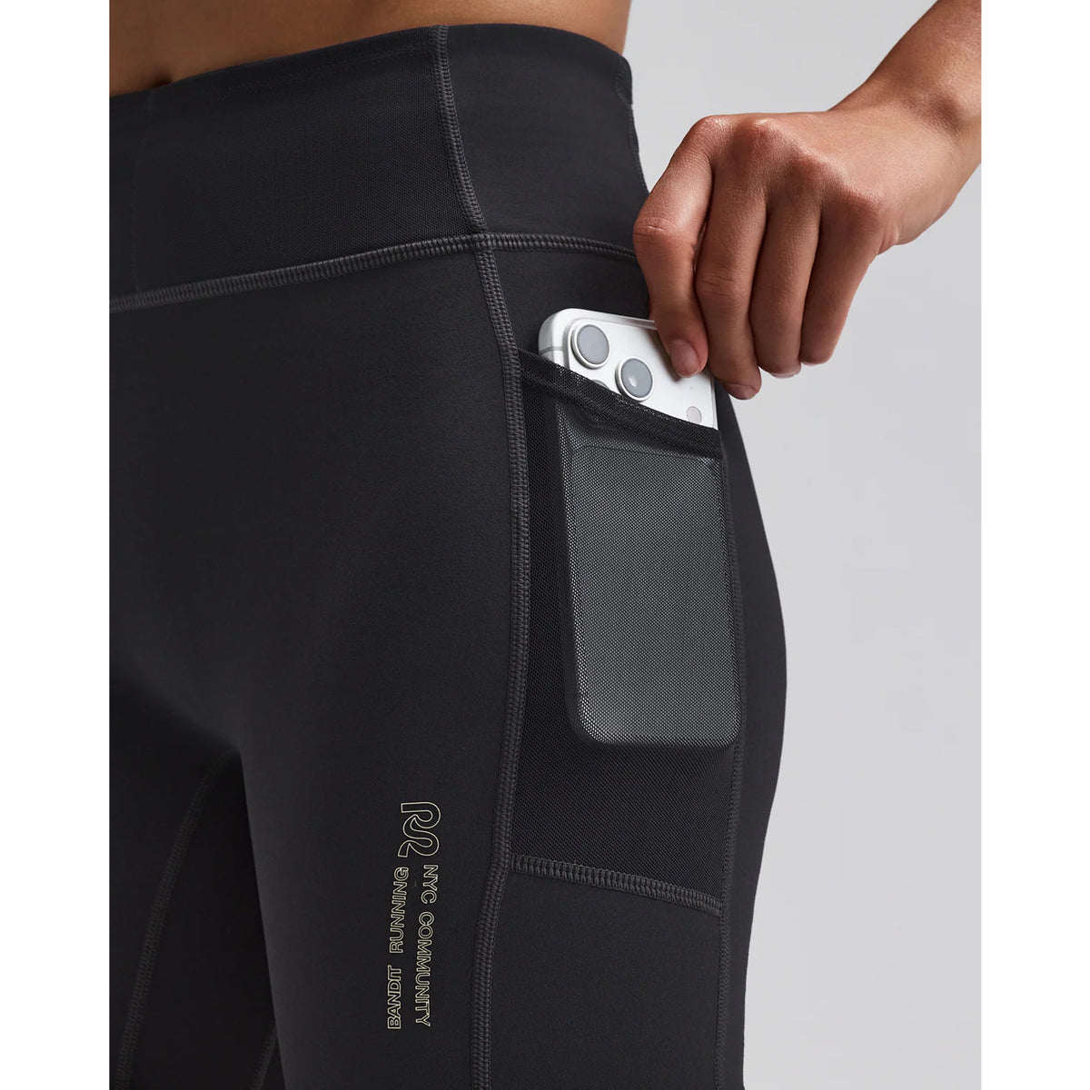 Women's Bandit Vanisher 5 Inch High Waist Compression Shorts Anthracite close-up of waterproof side leg phone pocket showing secure hidden storage for race day essentials without bounce