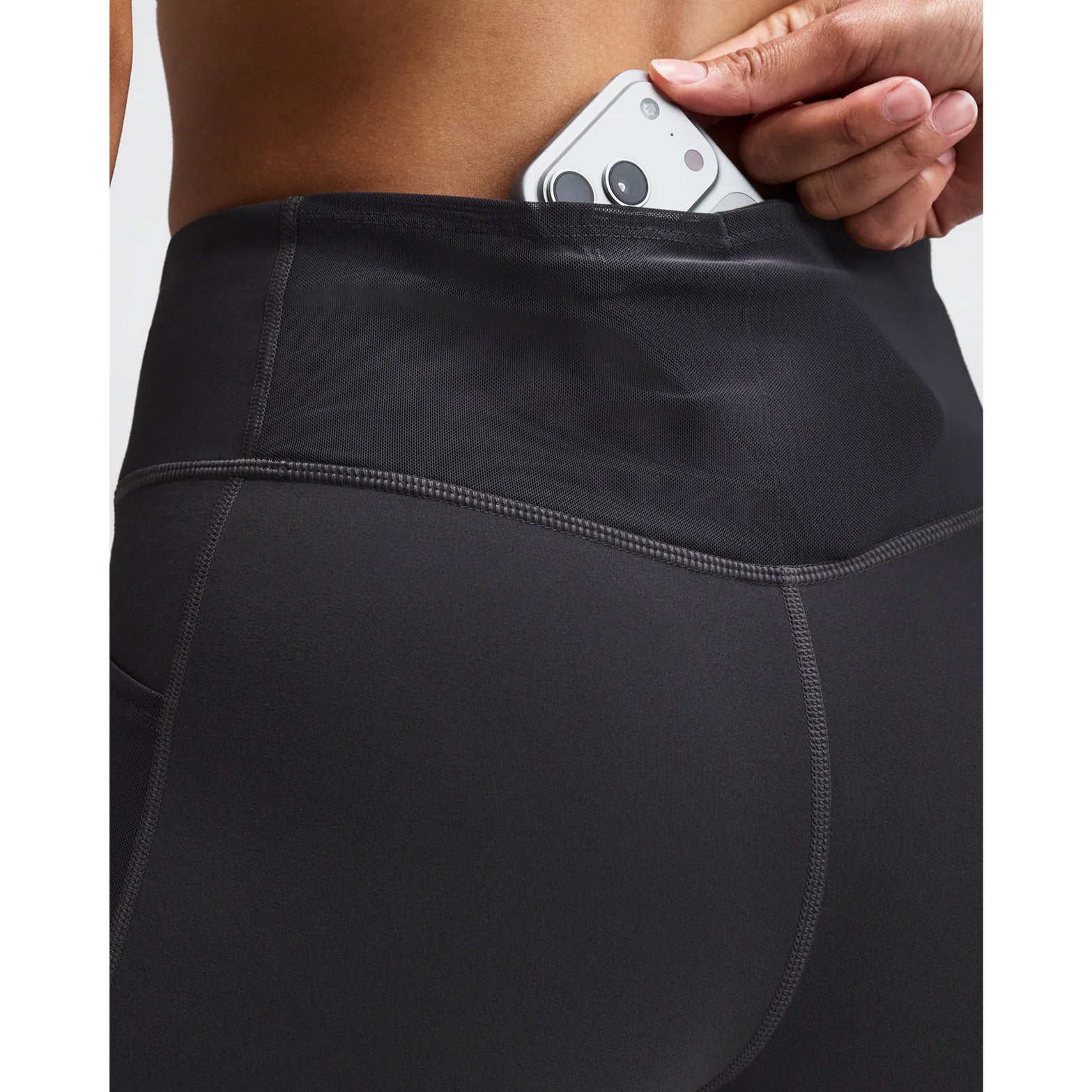 Women's Bandit Vanisher 5 Inch High Waist Compression Shorts Anthracite close-up of waterproof phone pocket showing hidden centre back storage with secure construction for race day essentials