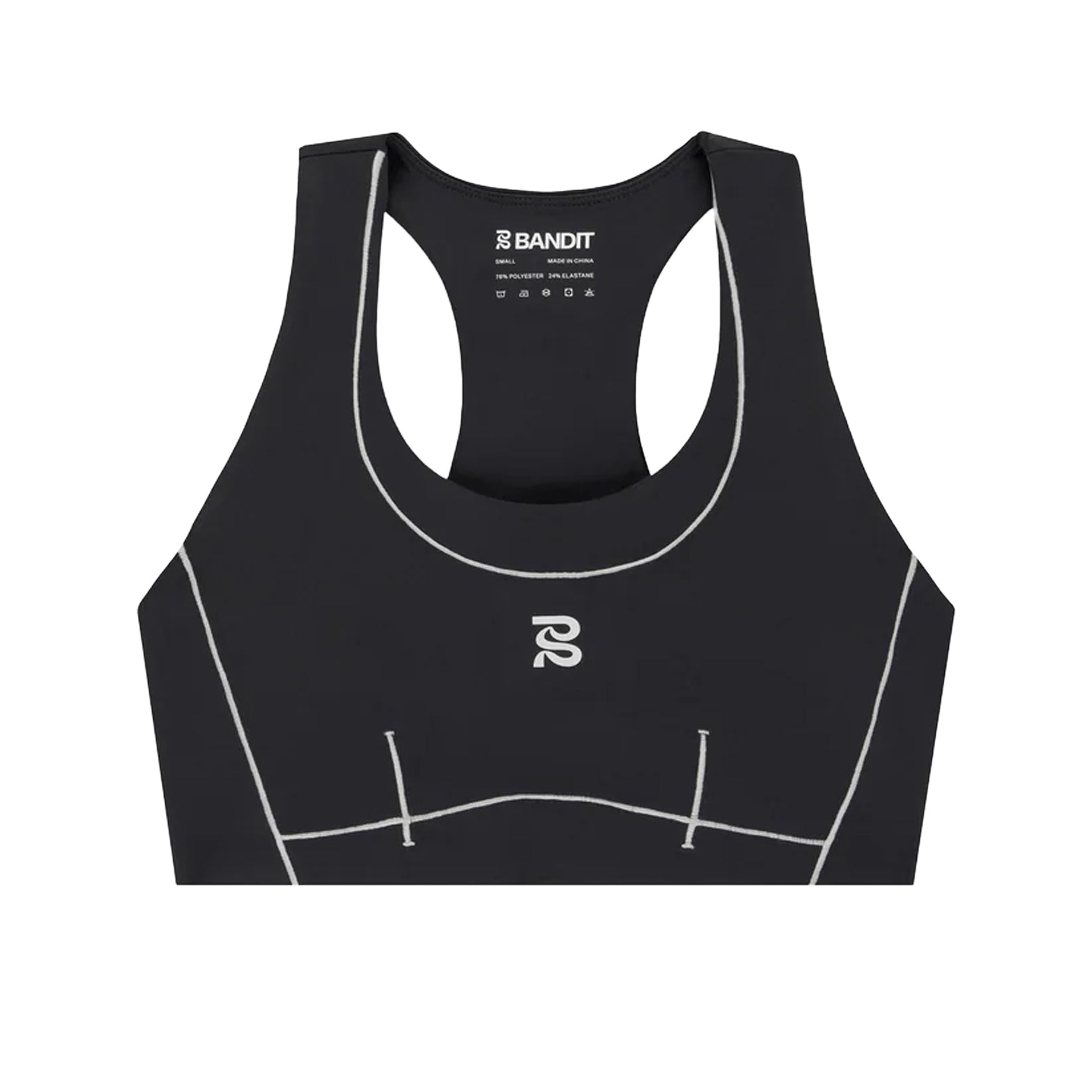 Women's Bandit Vanisher Pop Stitch Arco Run Bra Anthracite front product view showing Vanisher compression fabric with Pop Stitch detail along neckline and chest and reflective front branding