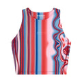 Bandit Women’s Vanisher Race Crop Melted Stripe Gradient high-neck, sweat-hiding compression race crop top featuring a multicolored vertical stripe and marbled gradient pattern in shades of blue, red, and pink.