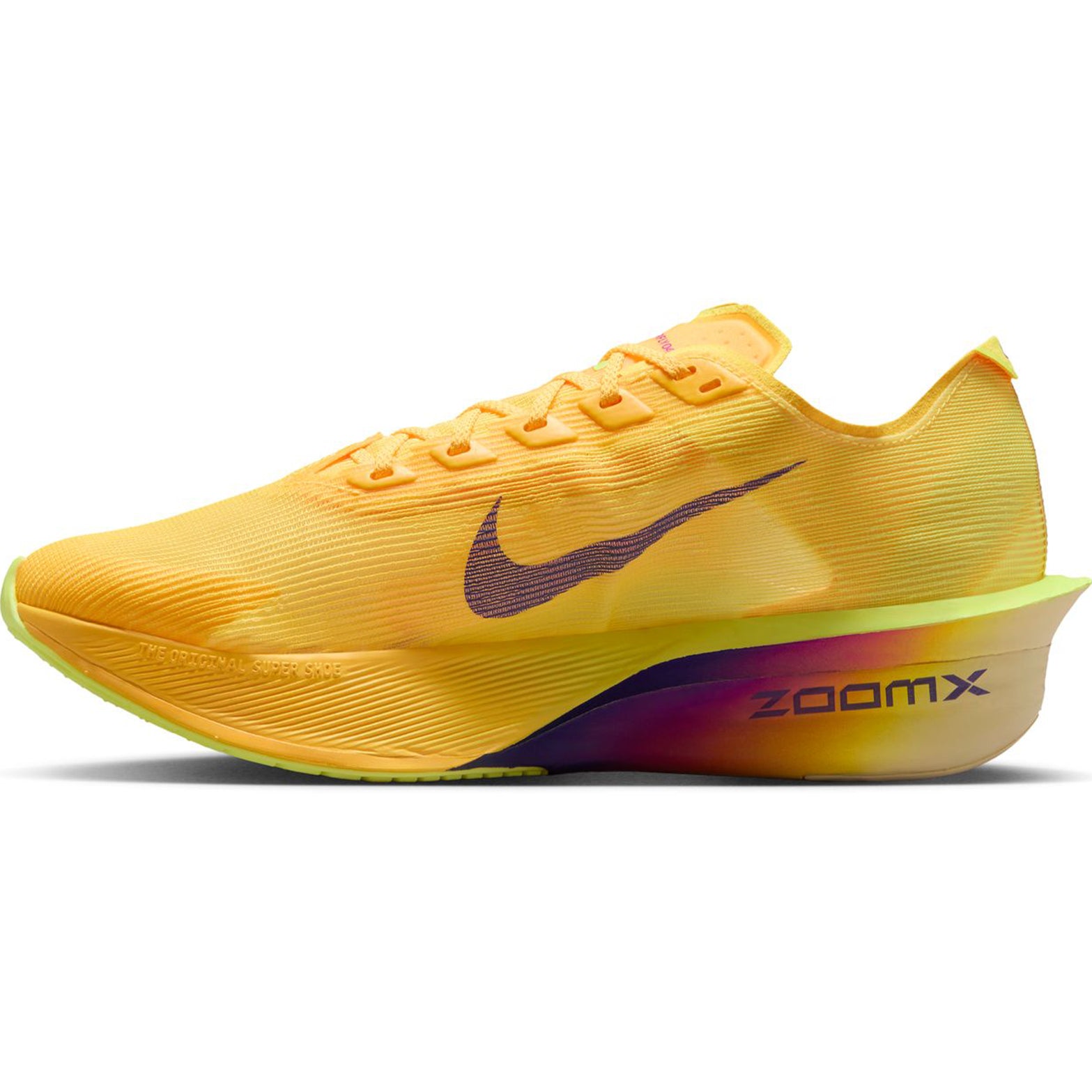 Women's Vaporfly 4 Running Shoes Citron Pulse Laser Orange Volt Ice Indigo Burst inner side view with optimised ZoomX foam and strategic midsole geometry