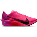 The Nike Women’s Vaporfly 4 Running Shoes in Hyper Pink, Black, and Fuchsia Blast feature a bright pink mesh upper with a black swoosh, a gradient midsole, and a sleek aerodynamic design. Engineered for performance running, these shoes include a responsive carbon fibre plate embedded in the sole.