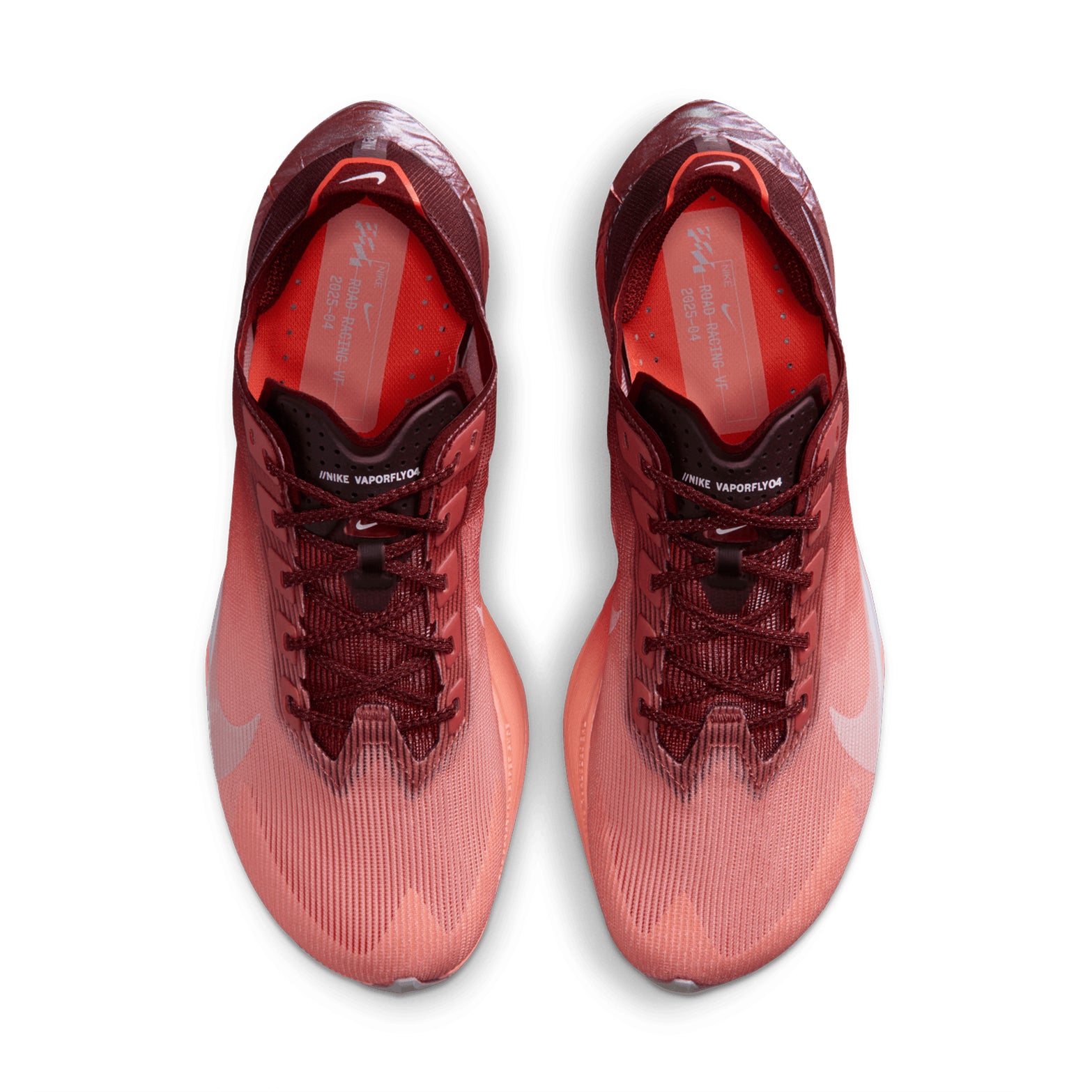 Women's Nike Vaporfly 4 SE Running Shoes Team Red Bright Crimson Barely Green top view showing lightweight racing upper construction with carbon-plated super shoe design