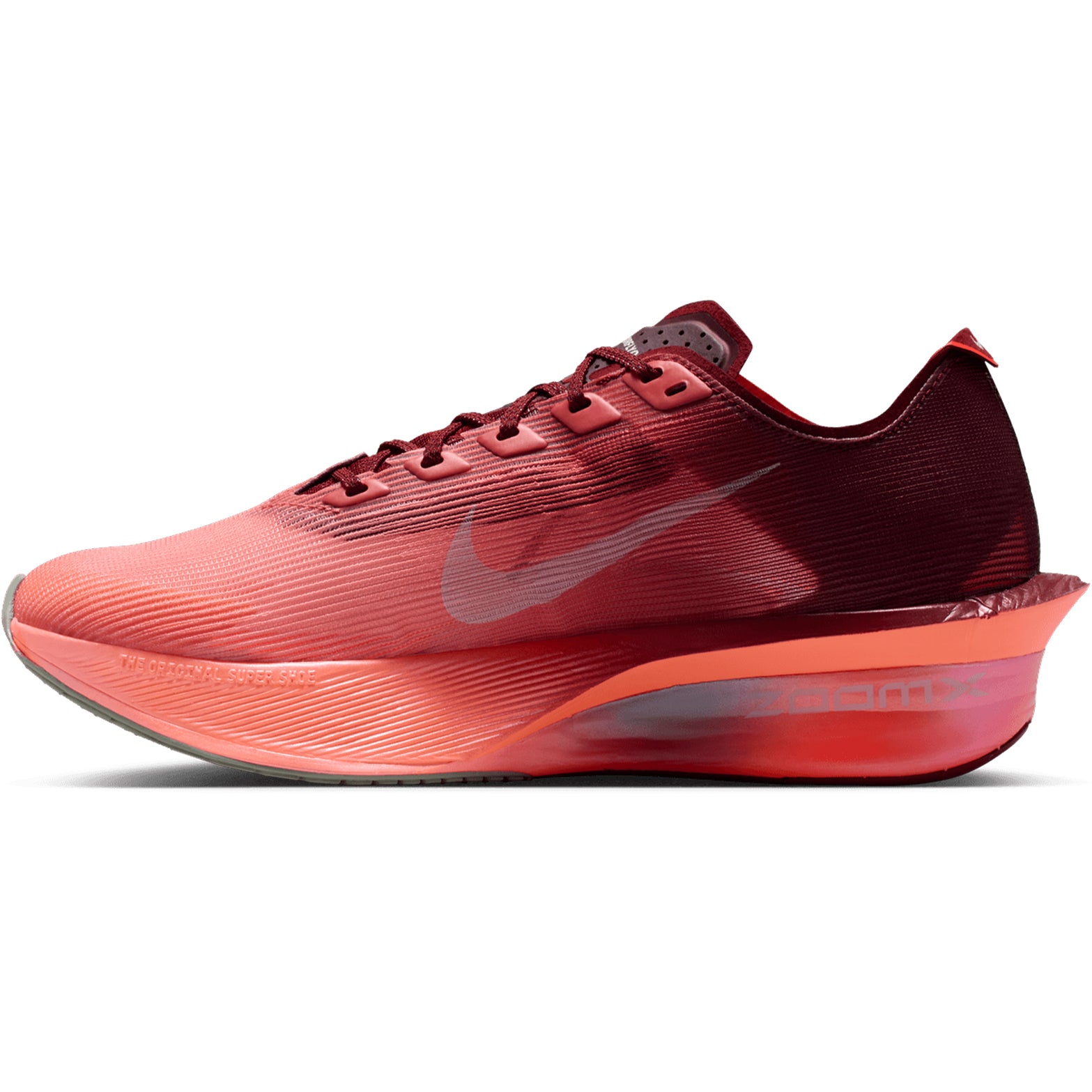 Women's Nike Vaporfly 4 SE Running Shoes Team Red Bright Crimson Barely Green inner side view showing carbon plate with ZoomX cushioning for race day performance