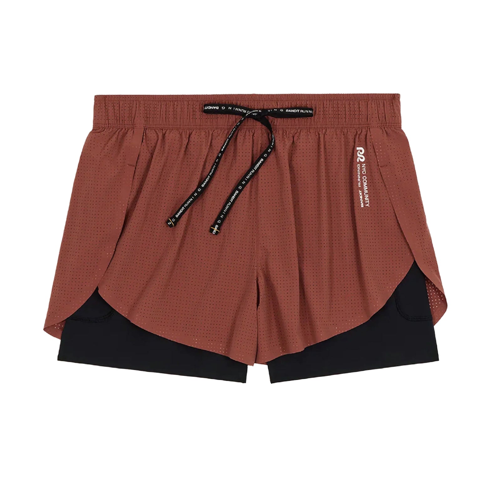 Women's Bandit Vento 2-in-1 Run Short Mahogany Black product view showing micro-perforated Vento fabric with SoLite compression liner and water-repellent finish