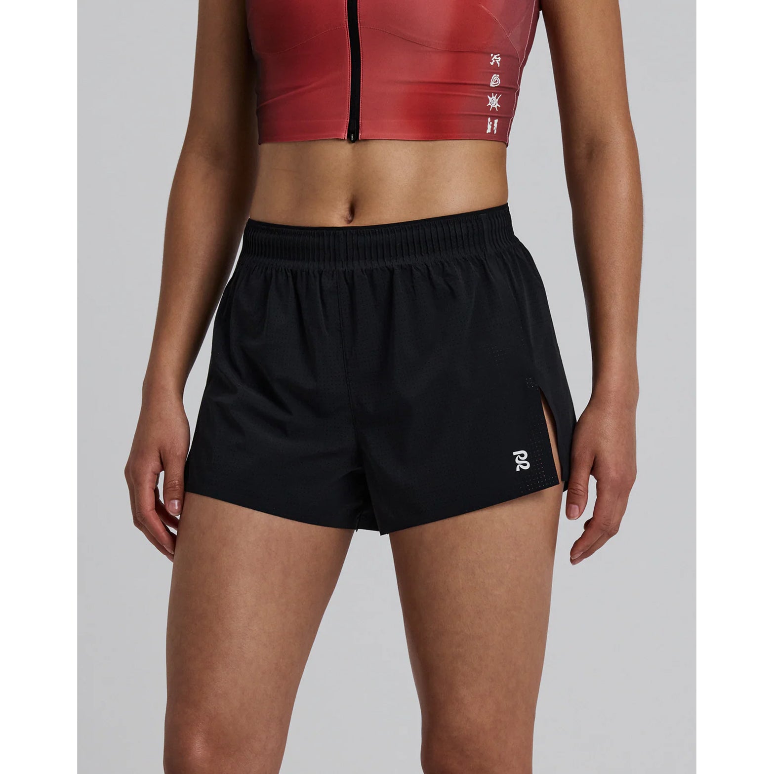 Bandit Vento™ Next Gen 3 Inch Split Shorts women's in Black — front view worn on model showing 3 inch split silhouette, custom waistband fit and Vento™ fabric drape