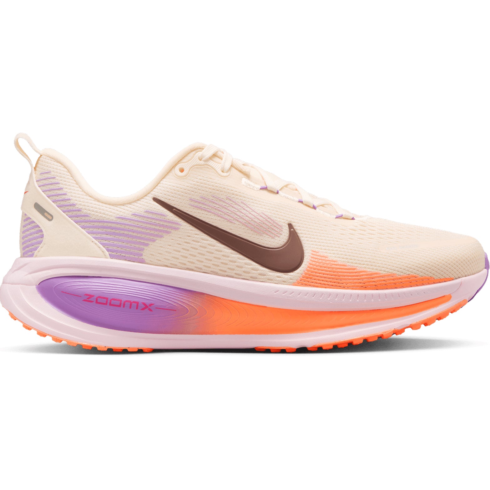 Women's Nike Vomero 18 Running Shoes Chalk Pink Foam Bright Violet Tattoo outer side view showing ZoomX foam midsole with maximum cushioning for daily training