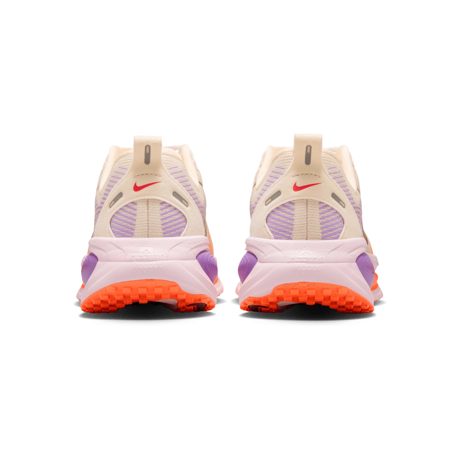 Women's Nike Vomero 18 Running Shoes Chalk Pink Foam Bright Violet Tattoo heel view showing maximum ZoomX foam cushioning stack for soft comfortable daily running
