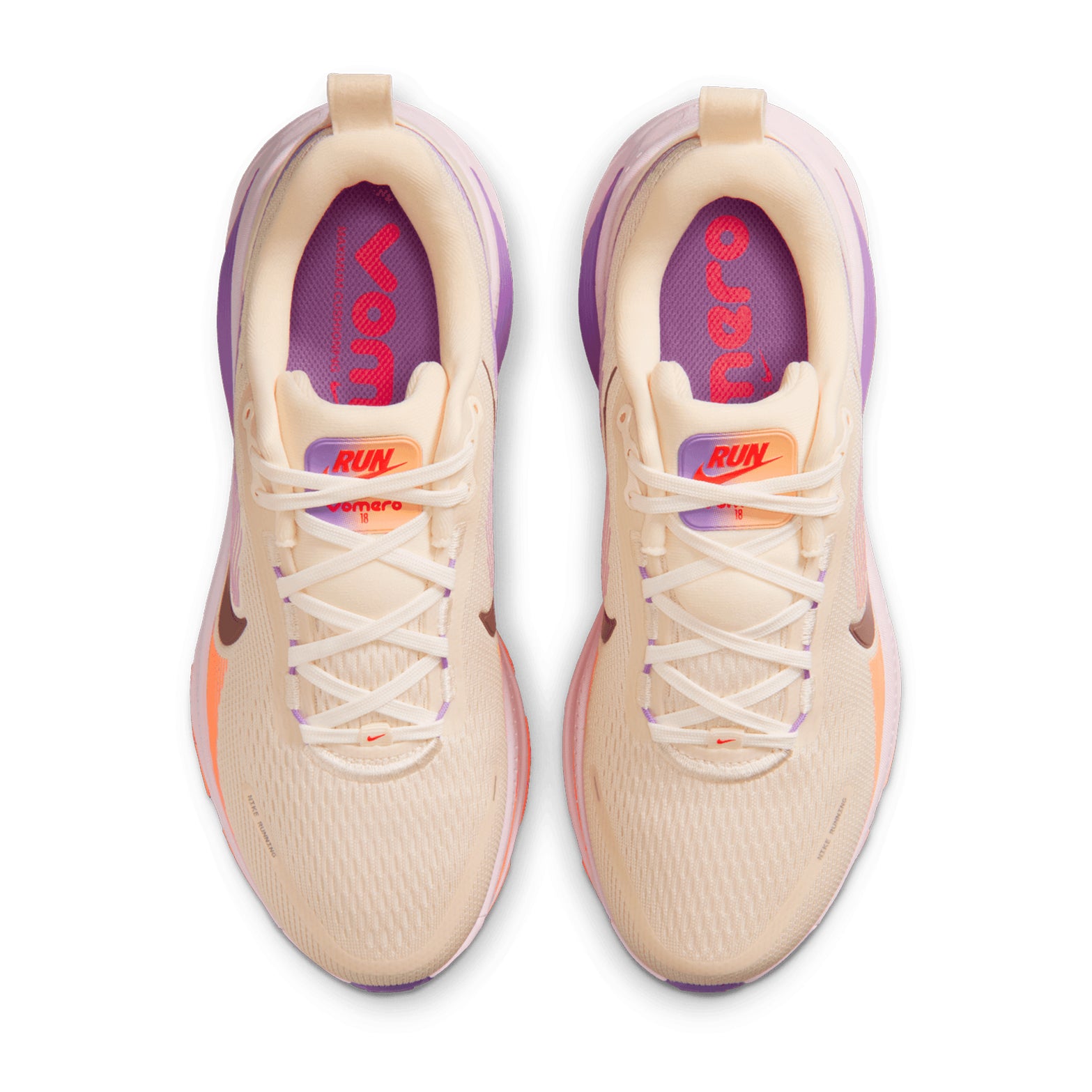 Women's Nike Vomero 18 Running Shoes Chalk Pink Foam Bright Violet Tattoo top view showing breathable upper construction with engineered mesh for everyday training