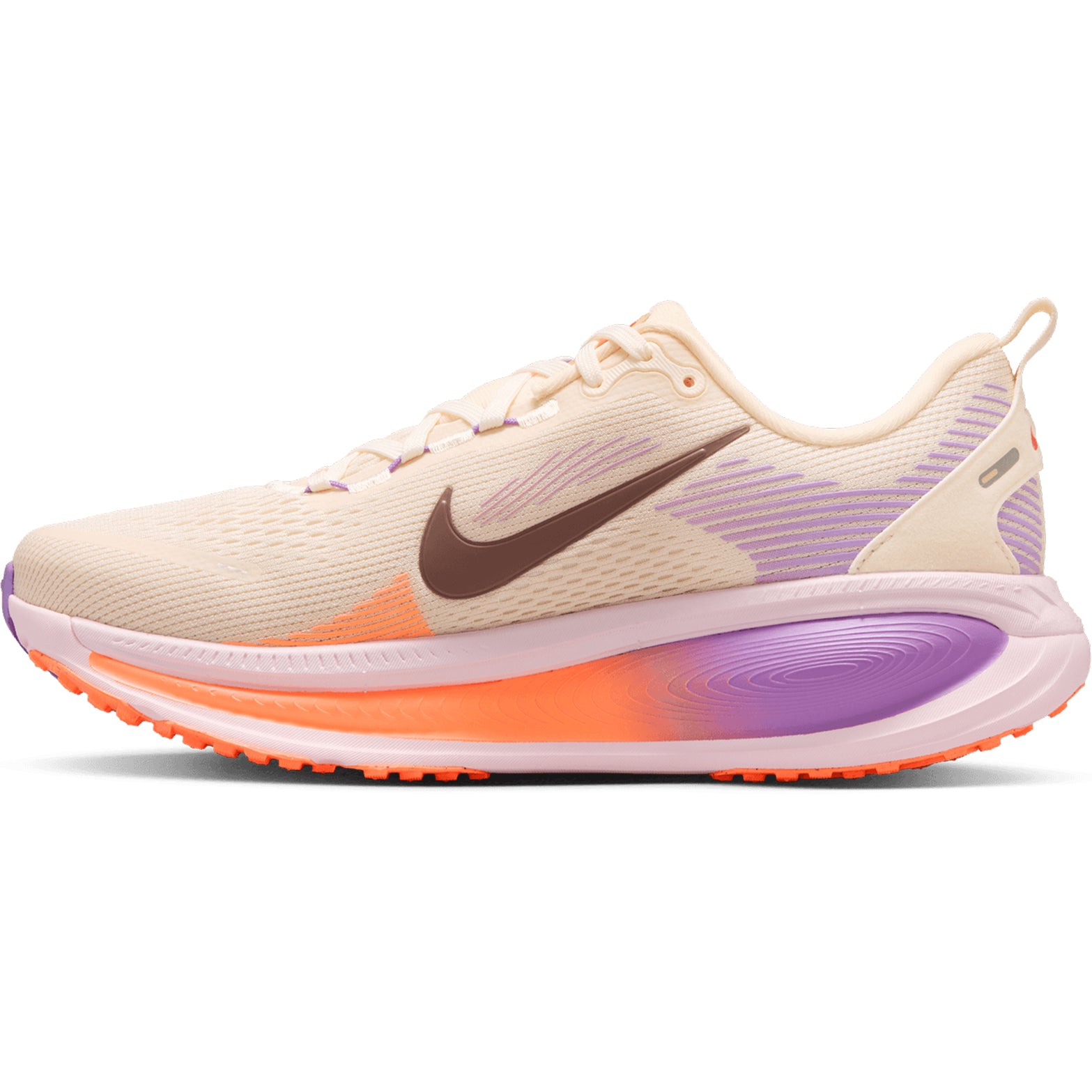 Women's Nike Vomero 18 Running Shoes Chalk Pink Foam Bright Violet Tattoo inner side view showing soft ZoomX foam cushioning for comfortable road running