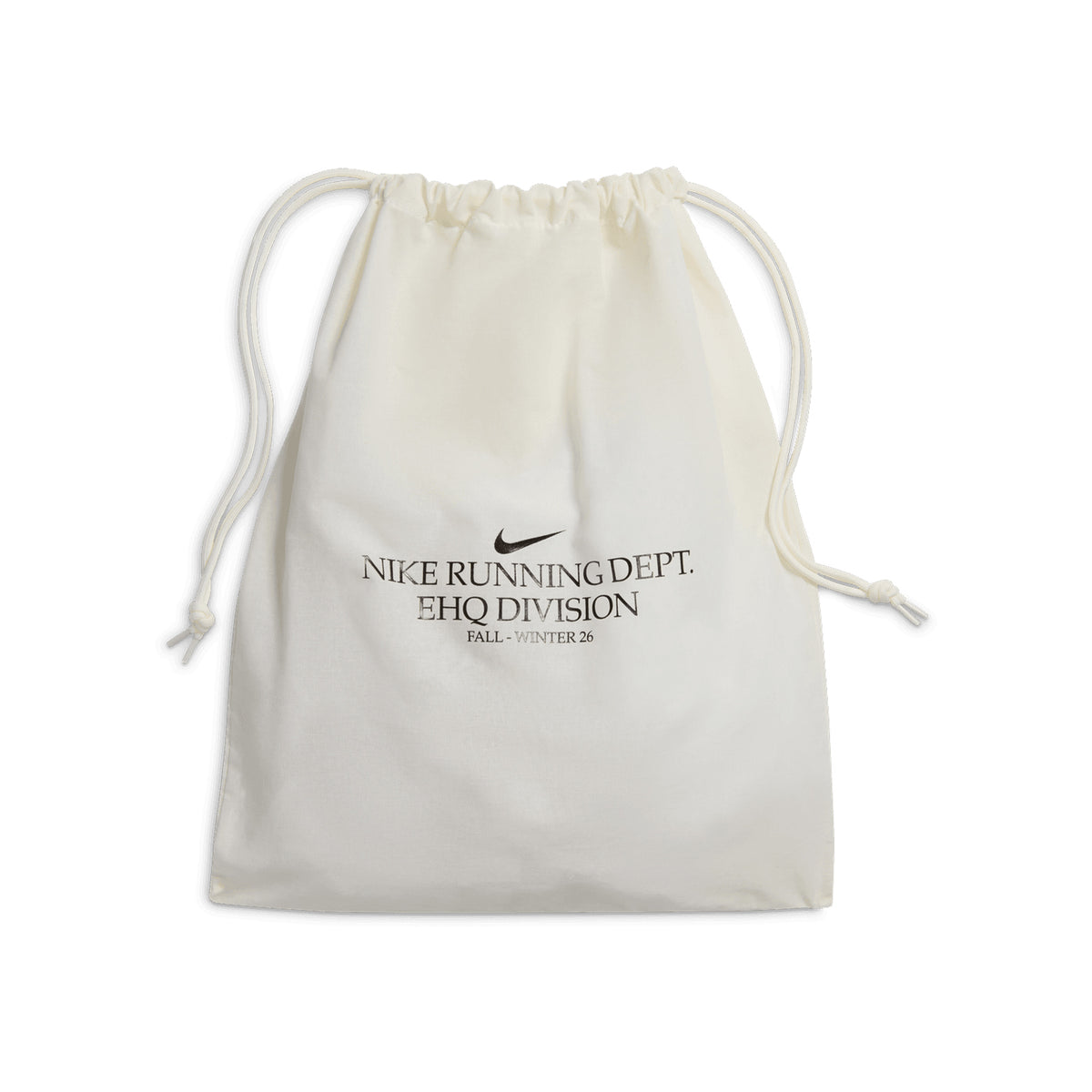 Off-white drawstring bag for Women’s Vomero 18 Running Shoes Medium Ash / Dark Hazel / Black / Desert Khaki, printed with Nike Running Dept. EHQ Division Fall-Winter 26 and a swoosh logo.