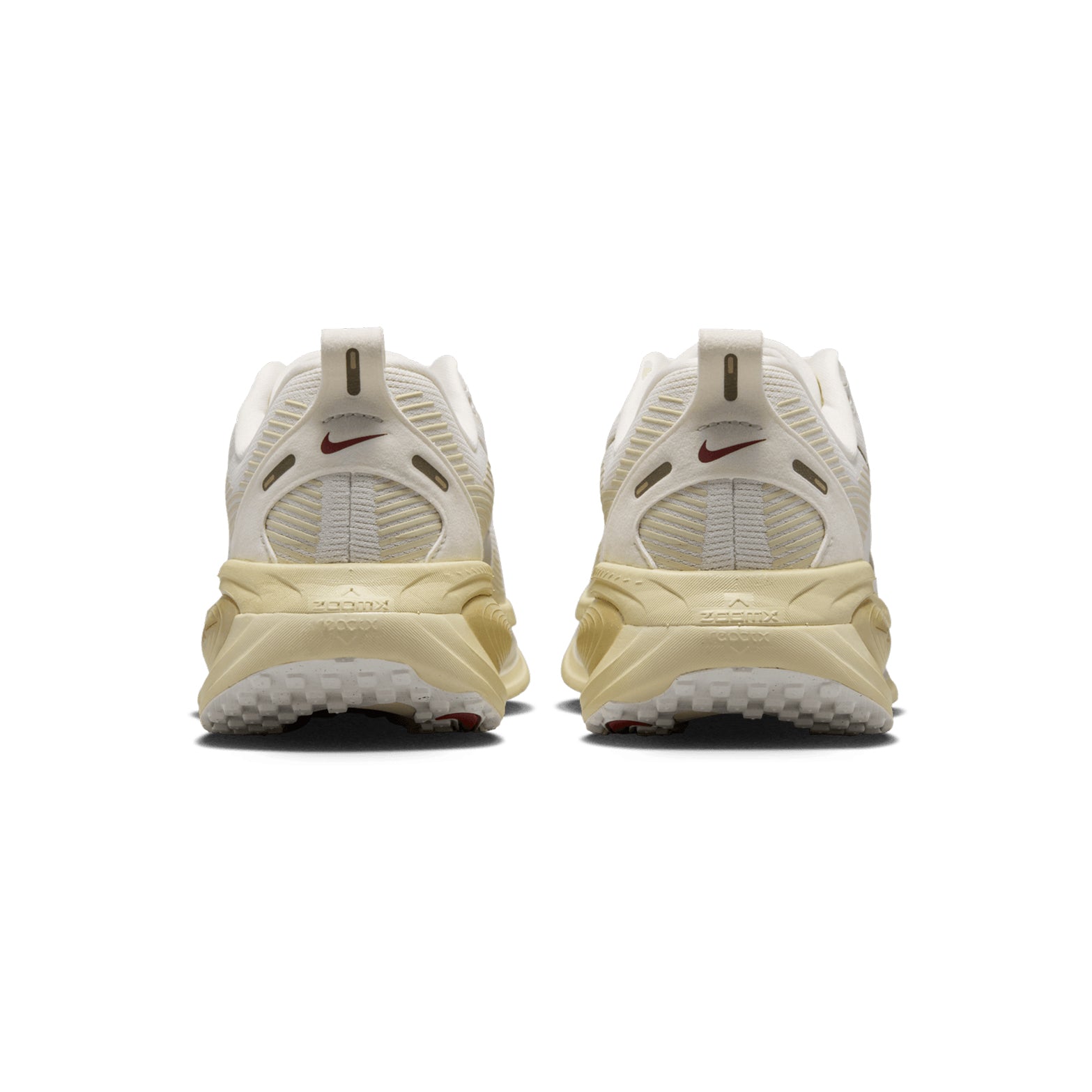 Women's Nike Vomero 18 Running Shoes Sail Metallic Gold Grain Light Khaki Filbert heel view showing maximum cushioned foam stack for plush comfortable daily training runs
