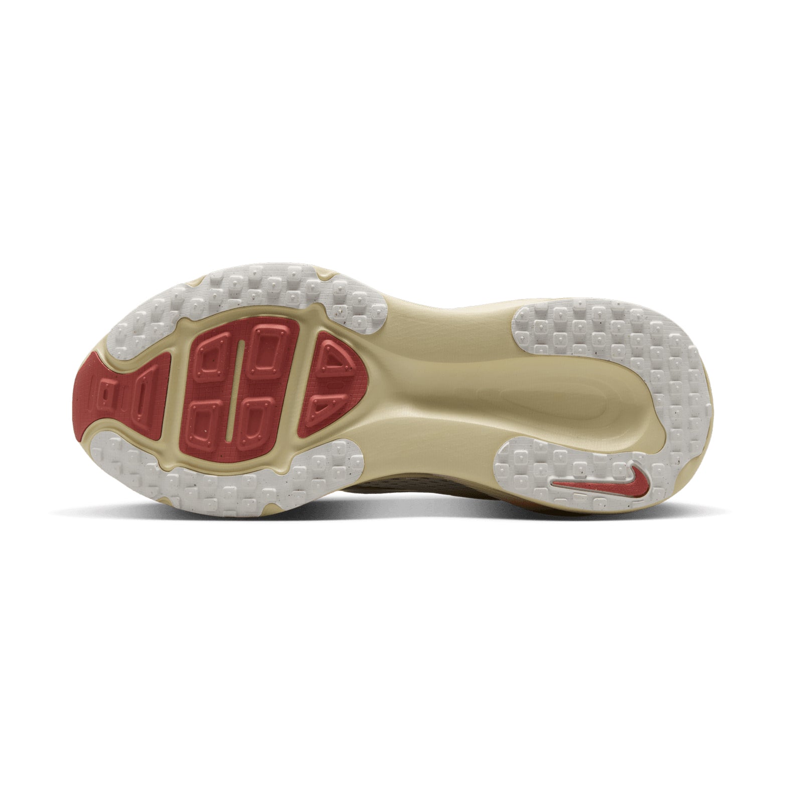 Women's Nike Vomero 18 Running Shoes Sail Metallic Gold Grain Light Khaki Filbert sole view displaying durable outsole with maximum cushioning platform for smooth comfortable road running