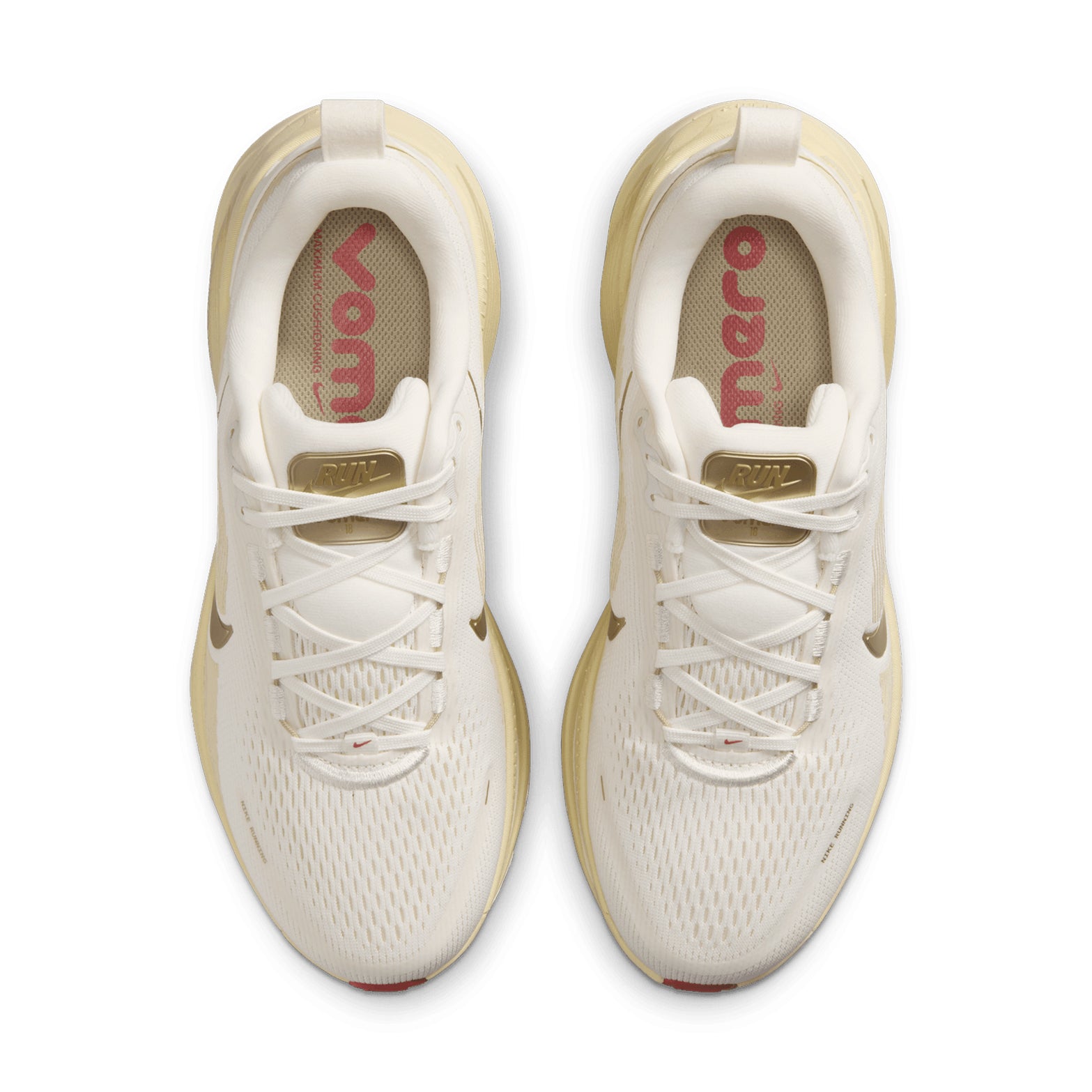 Women's Nike Vomero 18 Running Shoes Sail Metallic Gold Grain Light Khaki Filbert top view showing lightweight breathable upper construction for comfortable daily road running