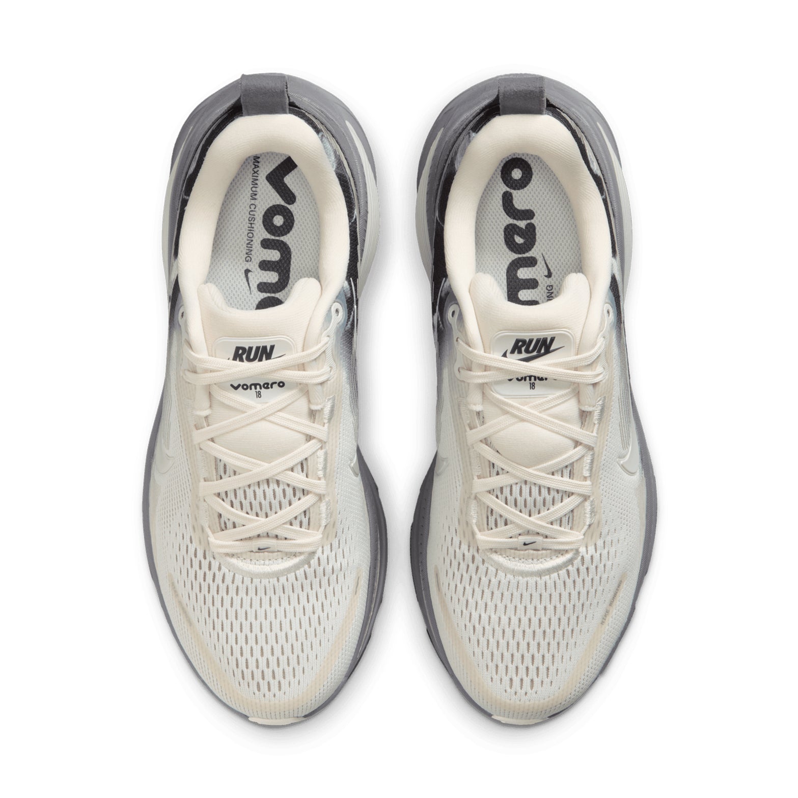 Nike Vomero 18 SE women's running shoe in Phantom / Sail / Pencil Point — top-down view showing phantom engineered mesh upper, plush tongue construction and lace closure with sail detailing