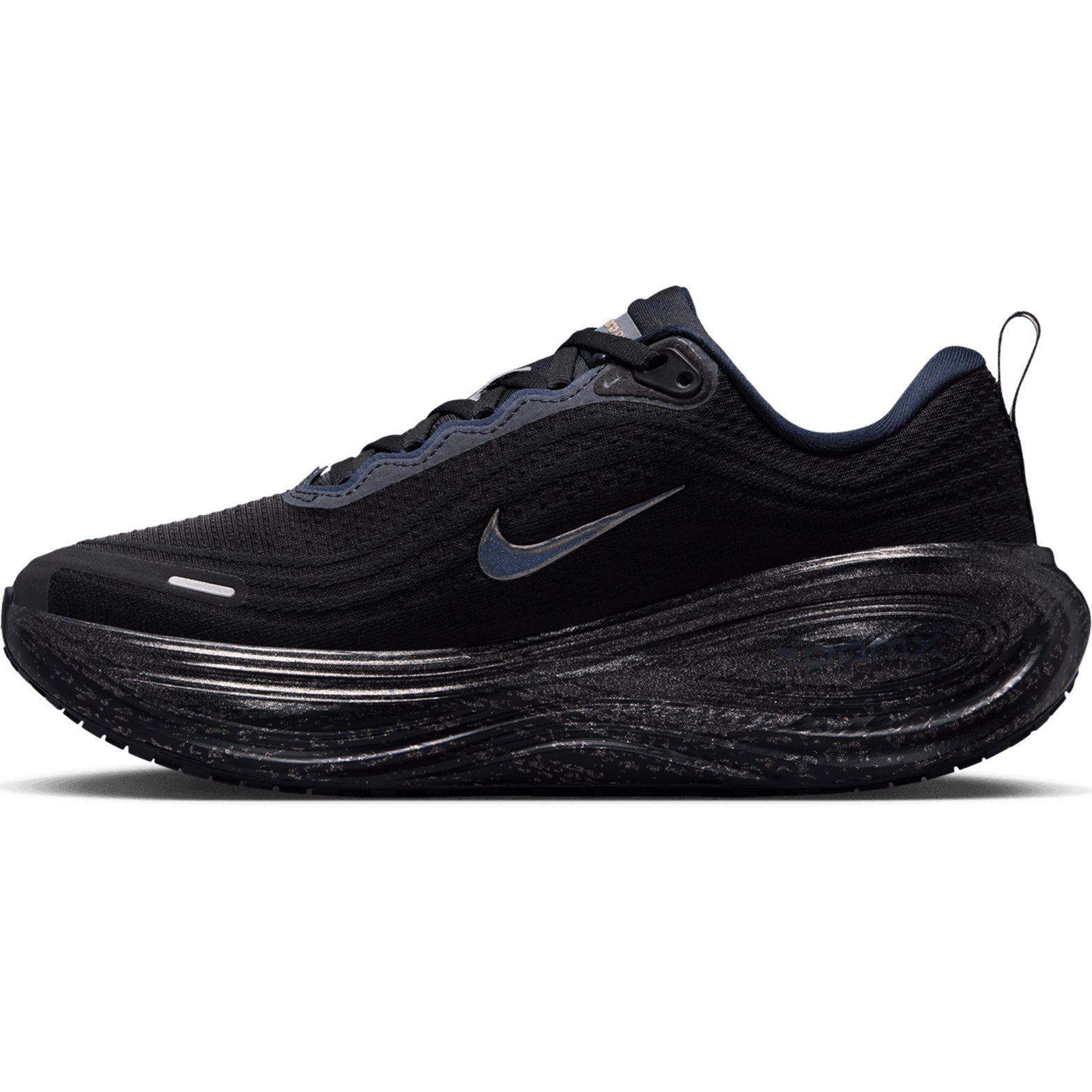 Women's Nike Vomero Plus Keely Hodgkinson Running Shoes Pitch Blue Blur Blackened Blue Black inner side view showing full-length ZoomX foam with plush tongue and webbed lace loops for comfortable secure everyday training