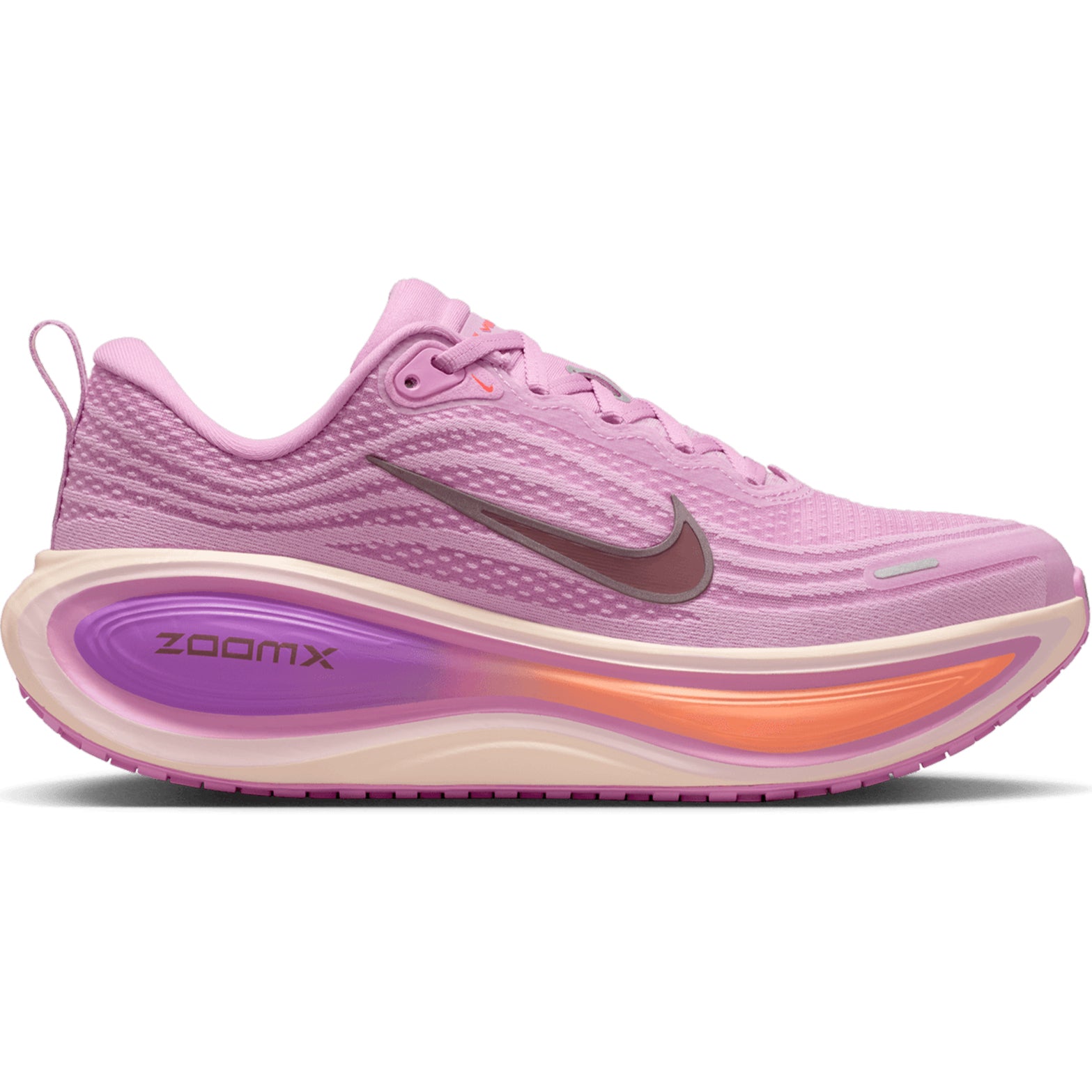 Women's Nike Vomero Plus Running Shoes Purple Pink outer side view showing dual Air Zoom units with full-length ZoomX foam midsole and premium construction