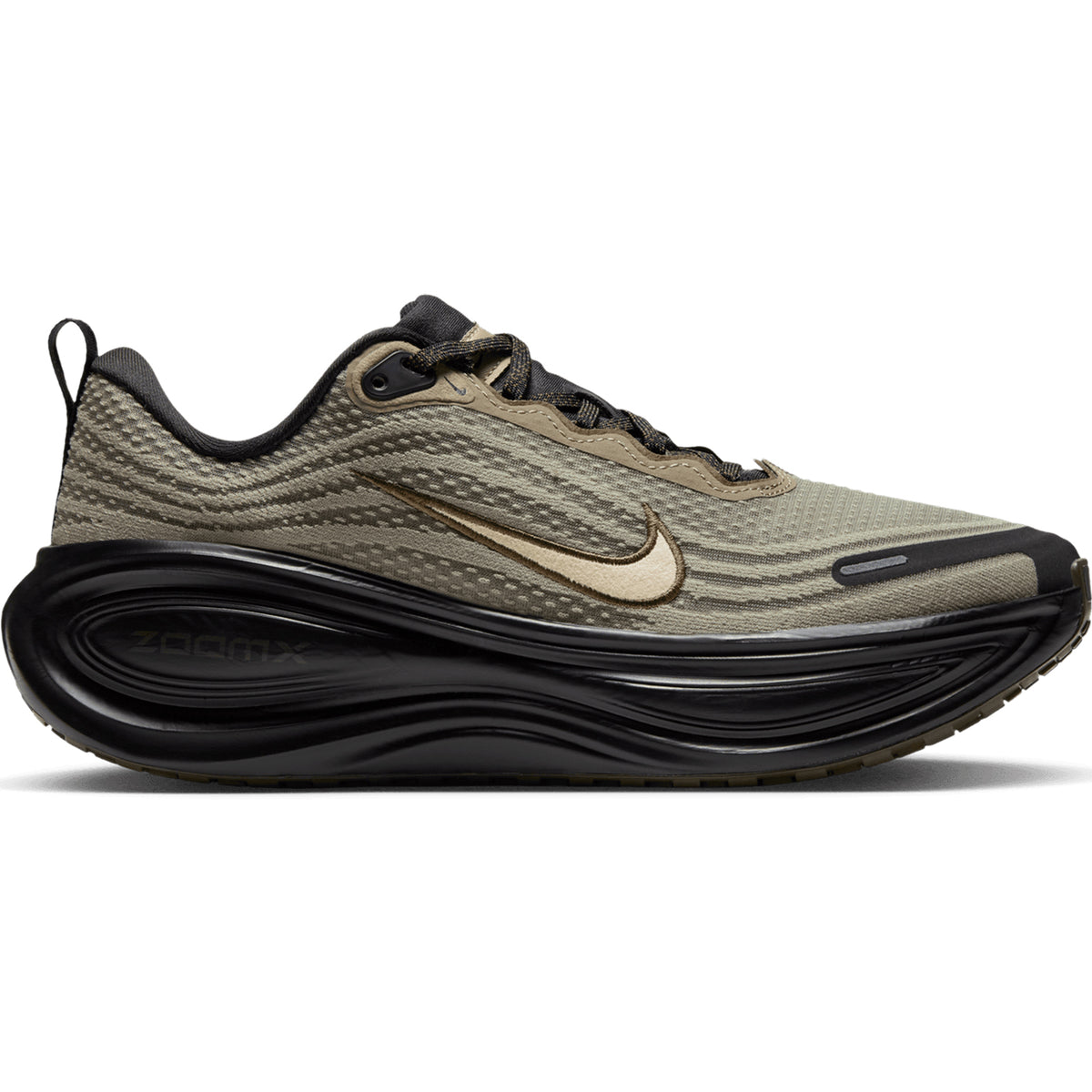 Women’s Vomero Plus Running Shoes in matte olive, black, and desert khaki, featuring a metallic gold swoosh and a thick black midsole with ZoomX cushioning.