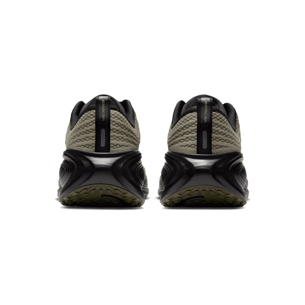 Back view of Women’s Vomero Plus Running Shoes in matte olive and black with a black sole, featuring the text RUNNING DEPT on the heel tabs.