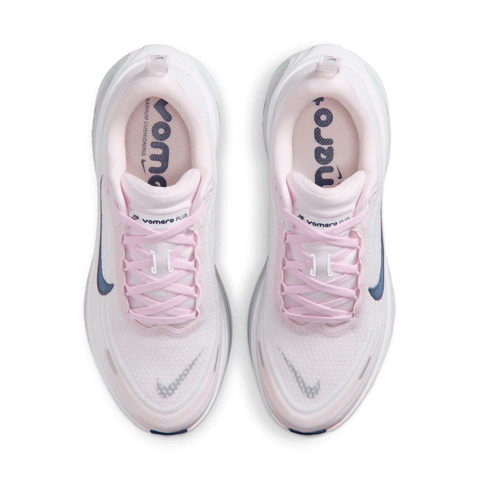 Women's Nike Vomero Plus Running Shoes White Pink top view showing breathable engineered mesh upper with webbed lace loops for adjustable fit