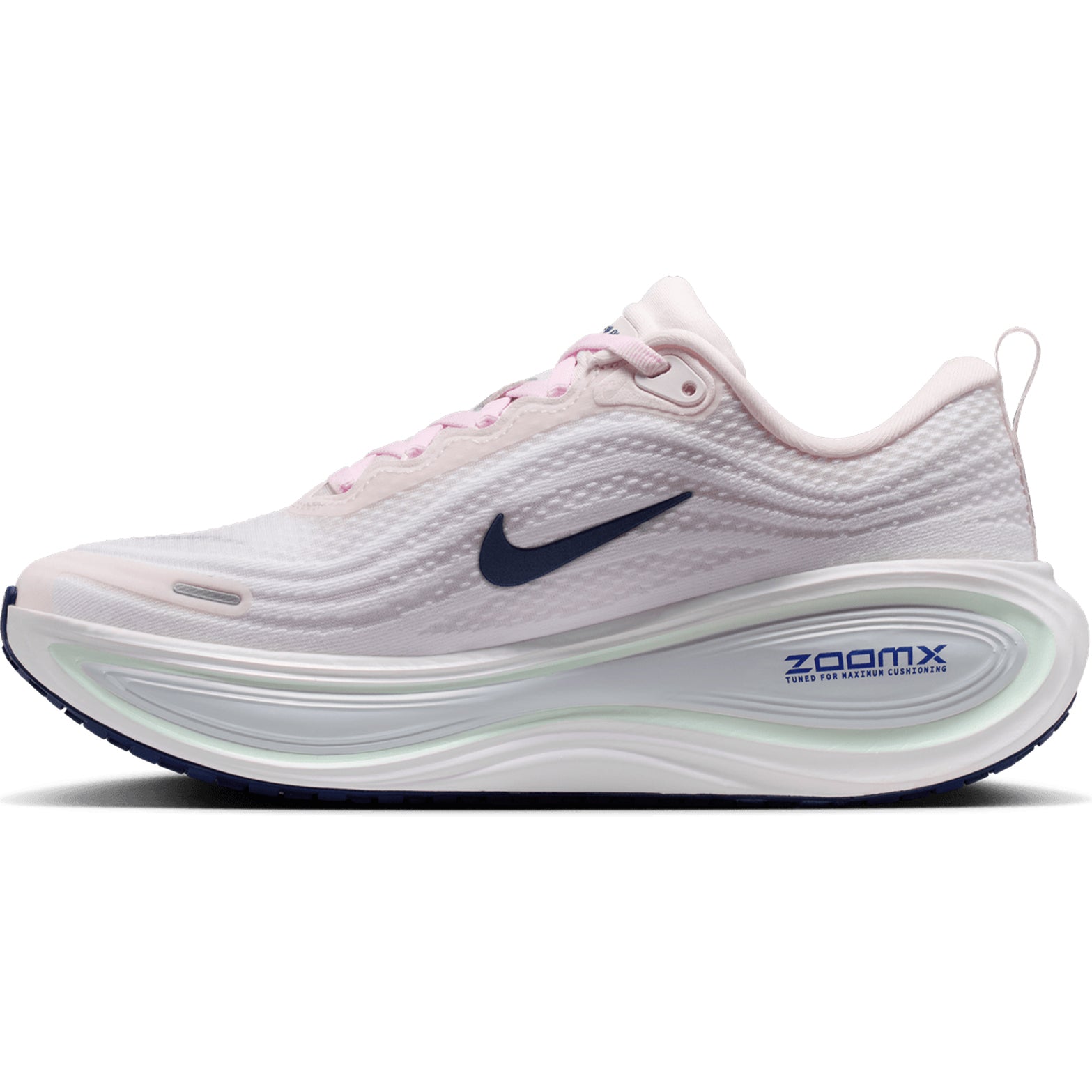 Women's Nike Vomero Plus Running Shoes White Pink inner side view showing ZoomX foam energy return and soft engineered mesh upper
