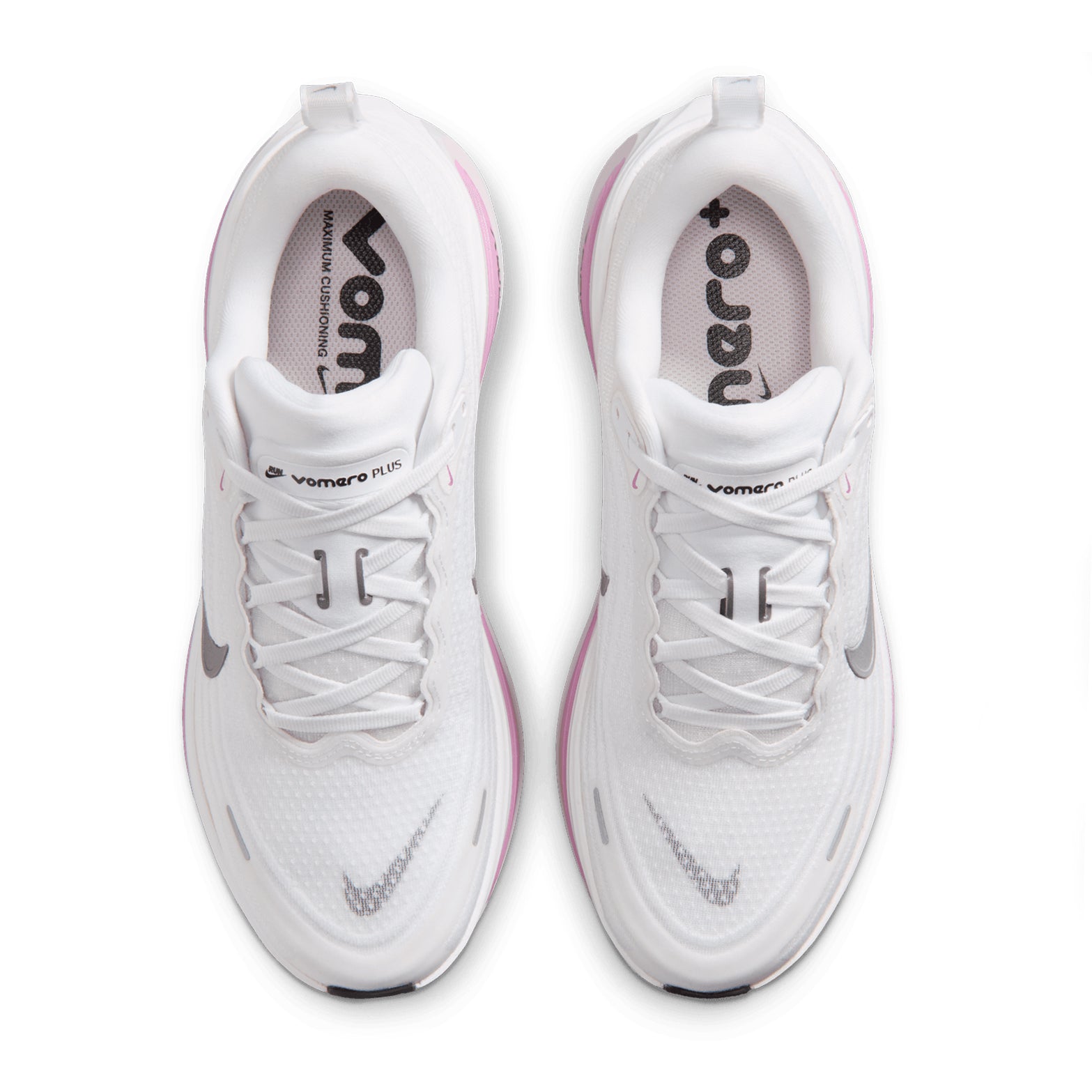 Women's Nike Vomero Plus Running Shoes White Bleached Lilac Summit White Metallic Silver top view showing soft breathable engineered mesh upper with webbed lace loops for lightweight comfortable daily running