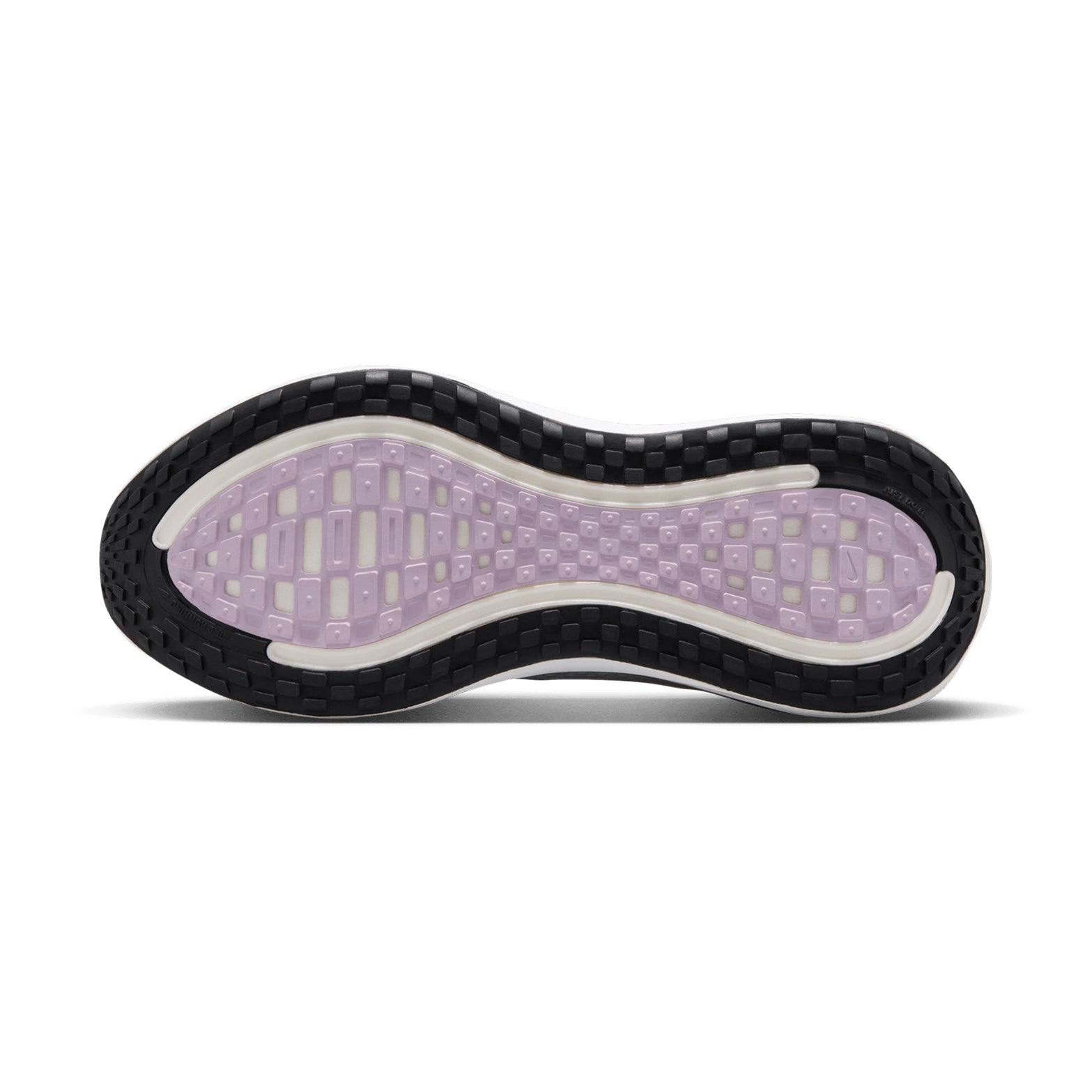 Women's Nike Vomero Plus Running Shoes White Bleached Lilac Summit White Metallic Silver sole view displaying high-abrasion rubber outsole for dependable traction and durability during everyday road running